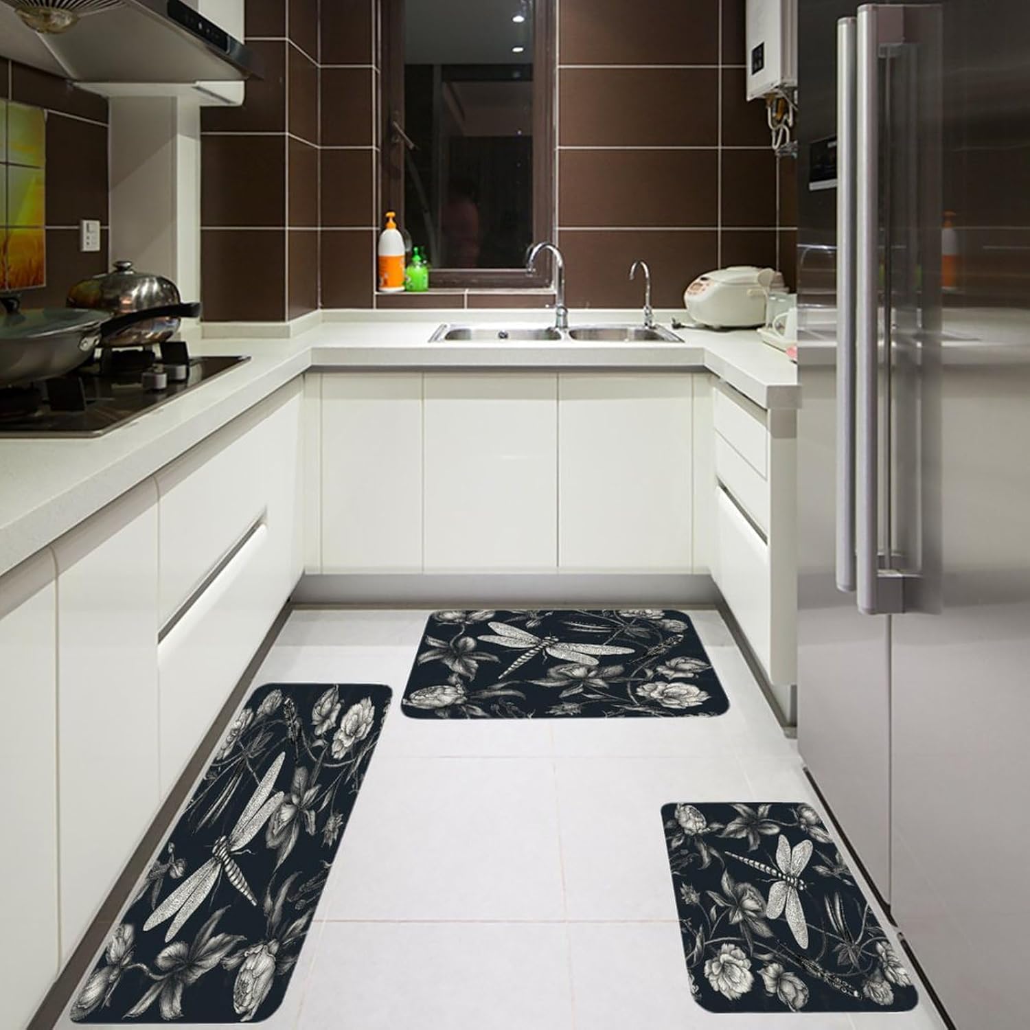Black Flowers and Dragonfly Kitchen Mats for Floor 3PCS Waterproof Low-Profile Kitchen Rugs Floor Mat Non Slip Anti Fatigue Mats Comfort Standing Mat Runner Rug Area Rug 6"x24"+20"x31"+17"x47"