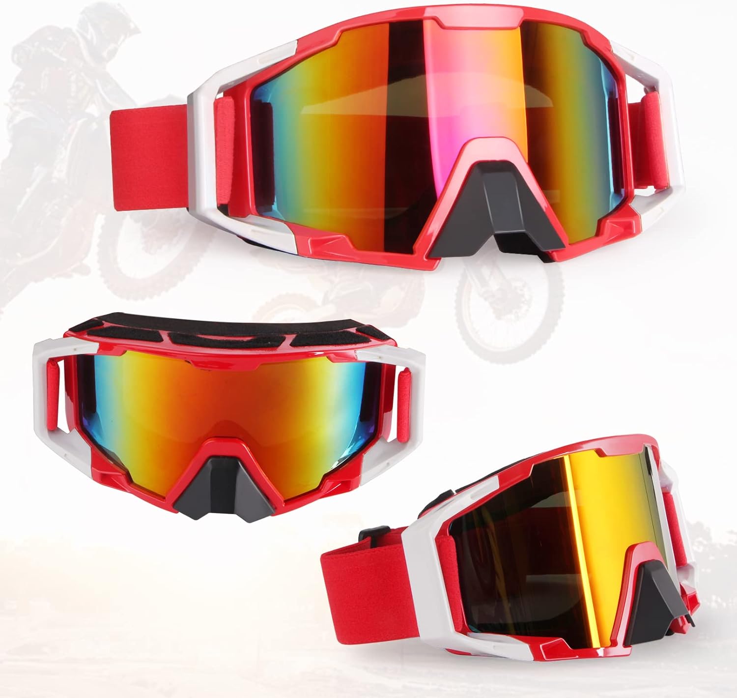 Motorcycle Motocross Goggles Off Road Dirt Bike ATV UV Protection Motorbike Dustproof Riding Racing Helmet Goggle UTV MX Goggles Glasses for Men Women Youth Kids - Red White Frame + Color1 Lens