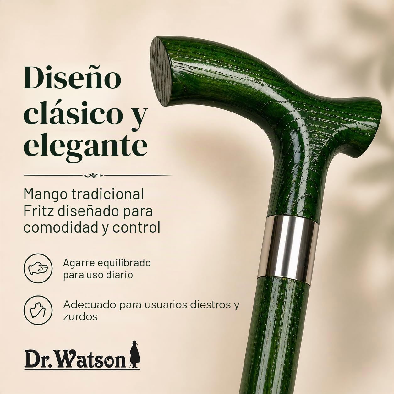 Dr. Watson Classic Fritz Walking Stick – Handcrafted Ash Wood Cane with Polished Stainless Steel Collar