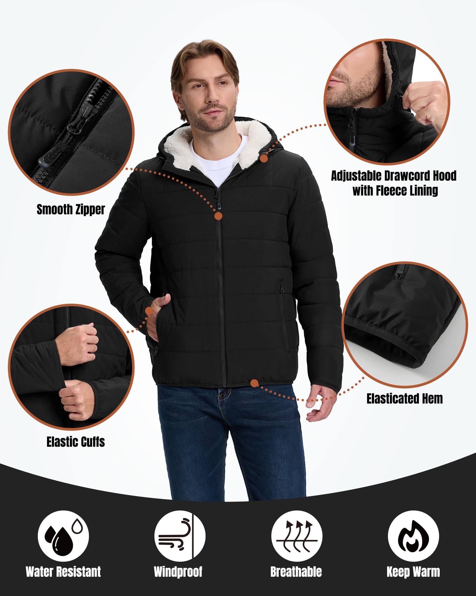 33,000ft Chaqueta de forro polar para hombre, chaqueta acolchada ligera, chaqueta cálida con capucha, cortavientos, tiempo libre, chaqueta de entretiempo, impermeable, forrada de forro polar, chaqueta