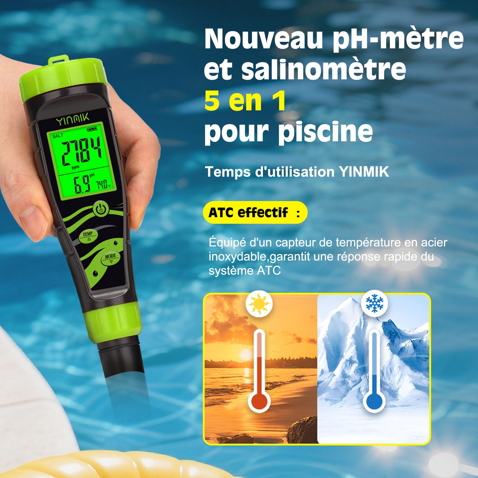 YINMIK pH-Mètre et Sel pour Piscines, Testeur de ph Piscine 5 en 1, Testeur Sel/TDS/EC pour Sel Spa, Hydroponie, Aquariums et Eau Potable