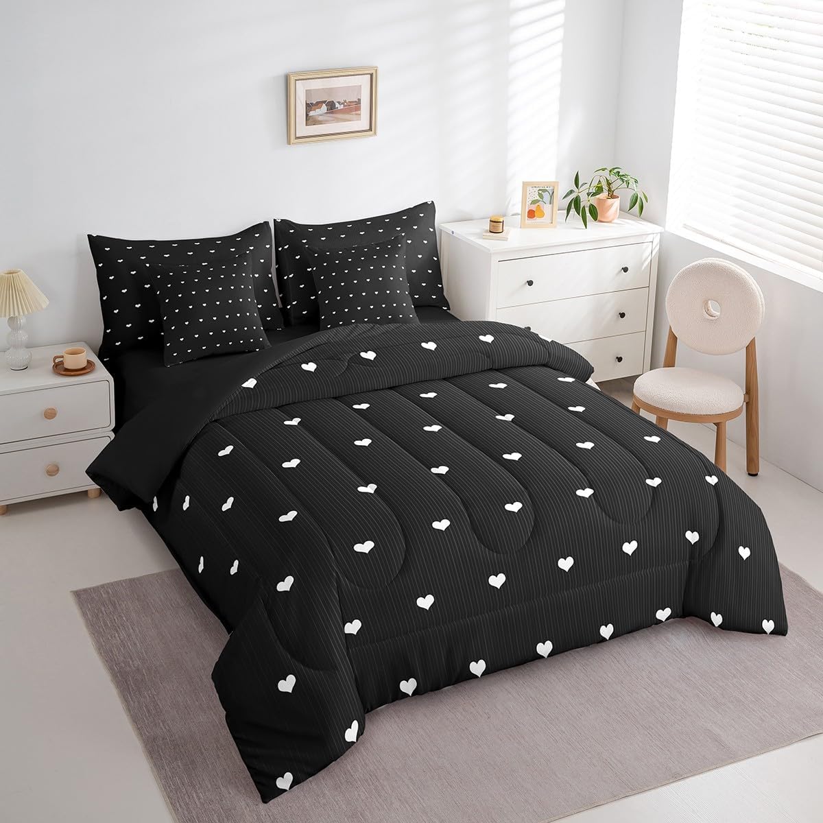 Castle Fairy Stripe Love Heart Comforter Set 7 Pieces for Kids Girls, Geometric Heart Shaped Women Bedding Set Twin Size,Love Valentine Bed in a Bag with Comforter,Sheets,Pillowcases,Black White