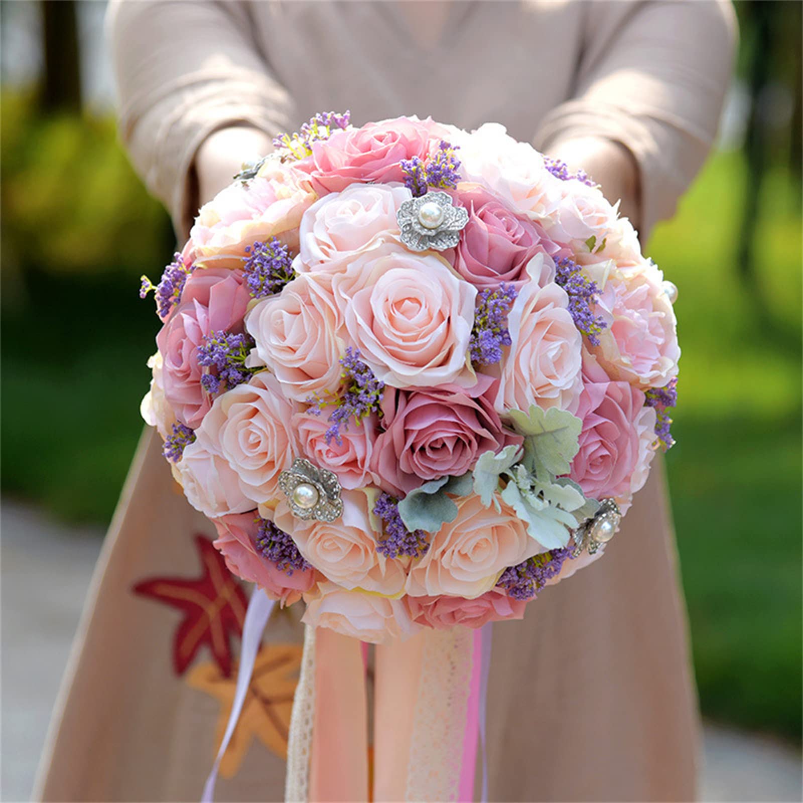 HJRegaFimu Bride Holding Flowers Artificial Home Décor 11inch Romantic Pink Rose Bridal Bouquets Handmade Tossing Bouquet For Ceremony Wedding Interesting