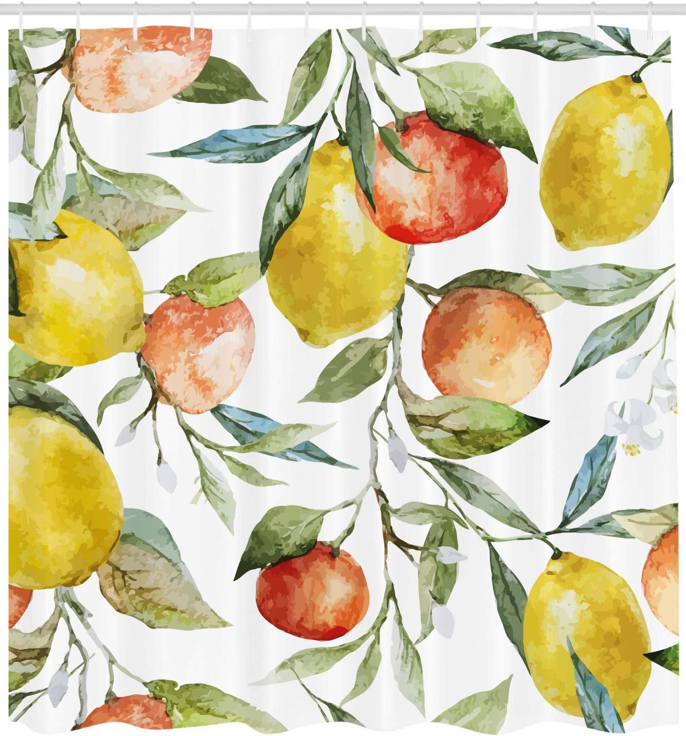Ambesonne Nature Shower Curtain, Lemon and Orange Clementine Tree Branches Fruit Yummy Winter Season Vitamin Design, Cloth Fabric Bathroom Decor Set with Hooks, 69" W x 84" L, Coral Yellow