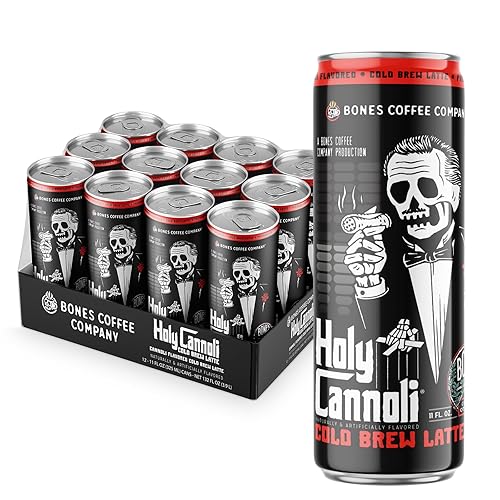 Bones Coffee Company Holy Cannoli Latte Baked Cannoli Flavored Coffee, Medium Roast Ready To Drink Iced Coffee in Can, 11 Fl Oz Can (12 Pack) - Cold Brew Latte Cannoli - 11 Fl Oz (Pack of 12)