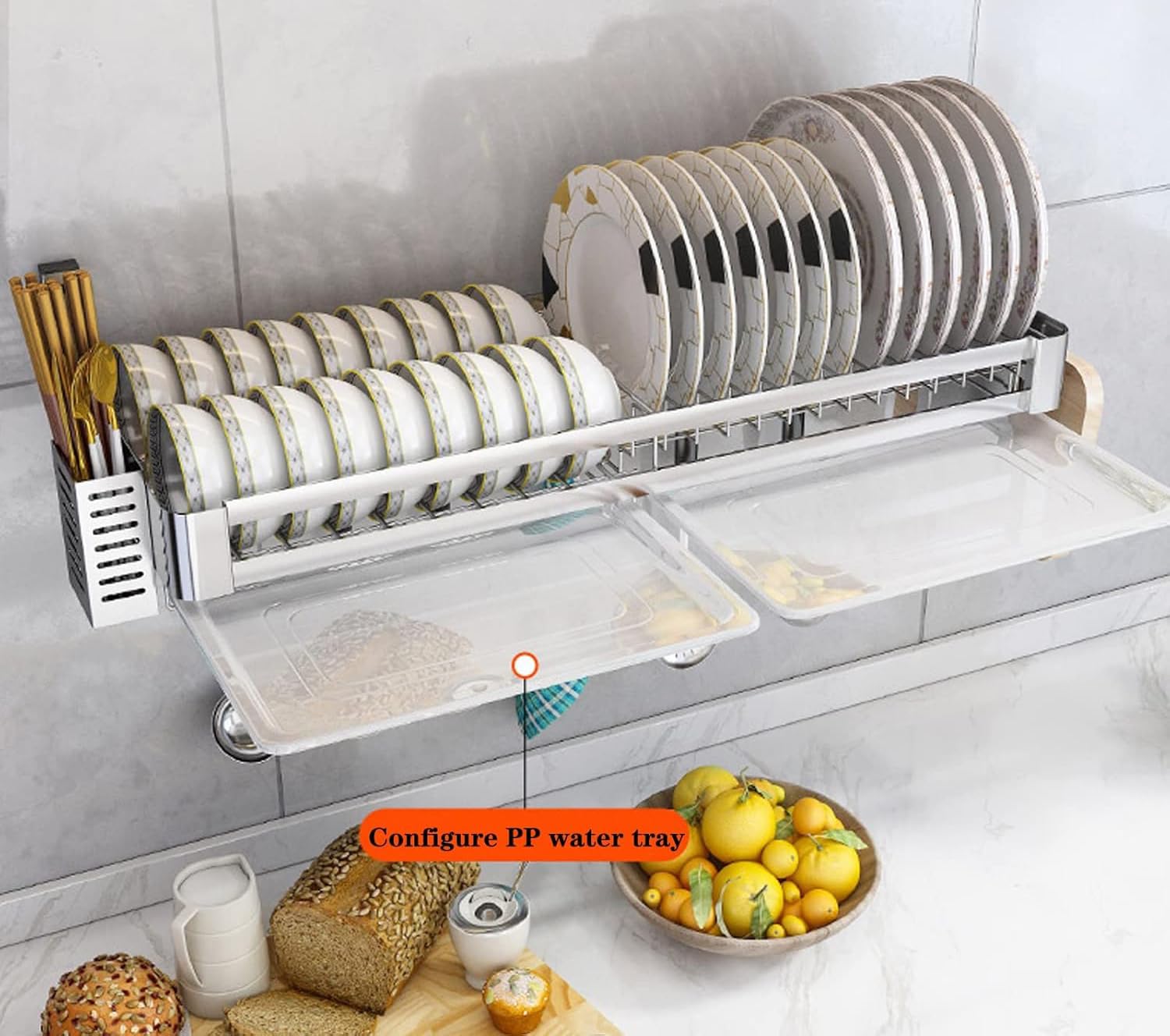 Escurridor de platos montado en la pared, organizador de cocina de acero inoxidable con estante para cubiertos y soporte para tabla, diseño que ahorra espacio