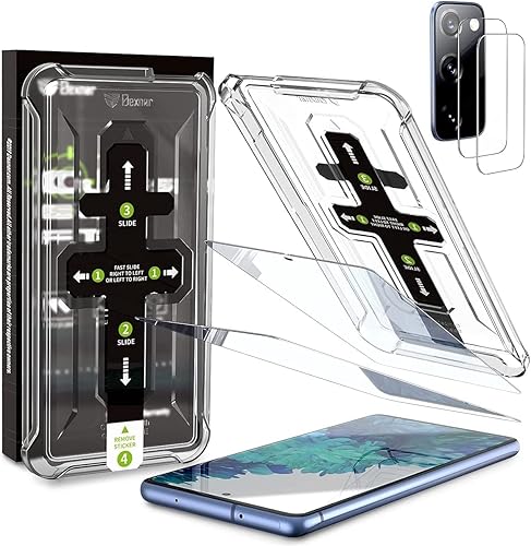 Dexnor Paquete de 2+2 Protector de pantalla para Samsung Galaxy S20FE, vidrio templado 9H + 2 protectores de lente de cámara, marco de alineación