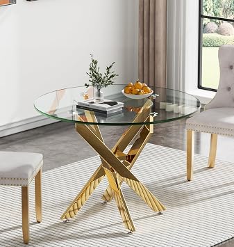 36 Glass Top Round Dining Table for 2-4 People, Sturdy Gold Metal Legs, Round Glass Gold Kitchen Table for Apartment, Space Saving Dining Room Table for Small Space Modern Circle Side Desk