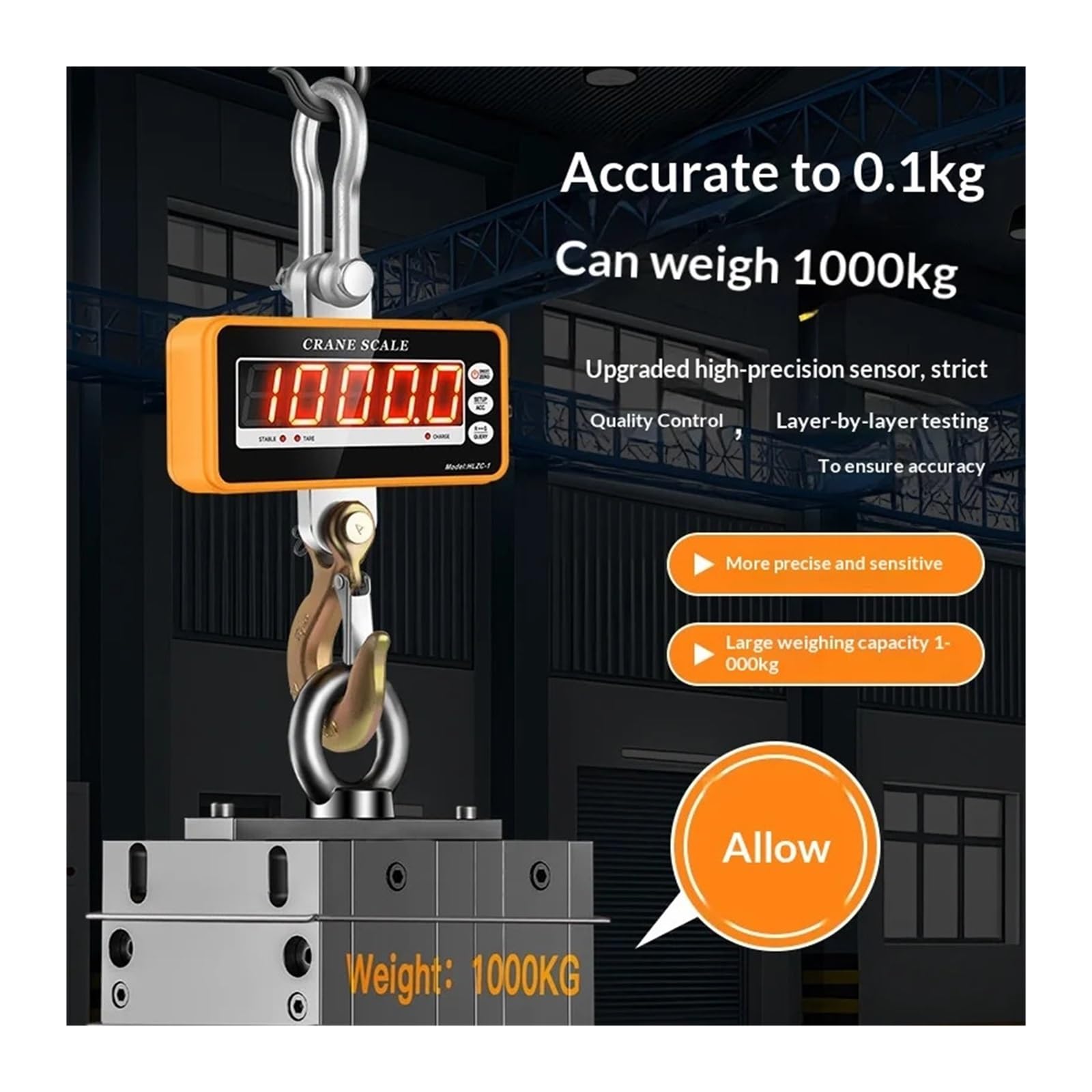 Báscula Colgante Digital Báscula Colgante electrónica de Alta precisión con Pantalla LED Caja plástico 0,1 kg Industrial Gancho de grúa de Servicio Pesado(2000kg)