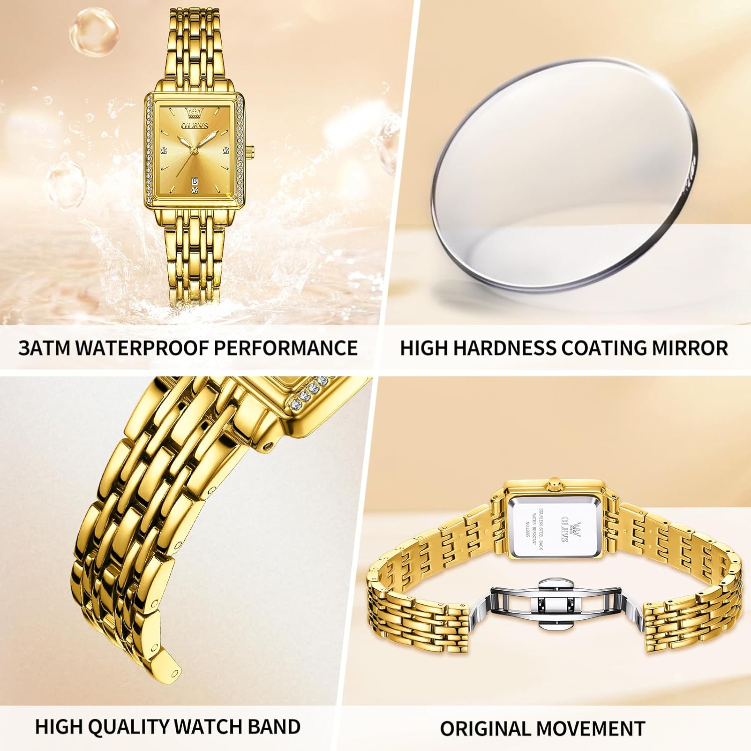 OLEVS Gold Watches for Women Square Luxury Business Rectangle Ladies Watches for Woman with Date Water Resistant Ladies Watch for Small Wrists Reloj para Mujer Diamond Blue/Green/Black/White/Gold - Image 5