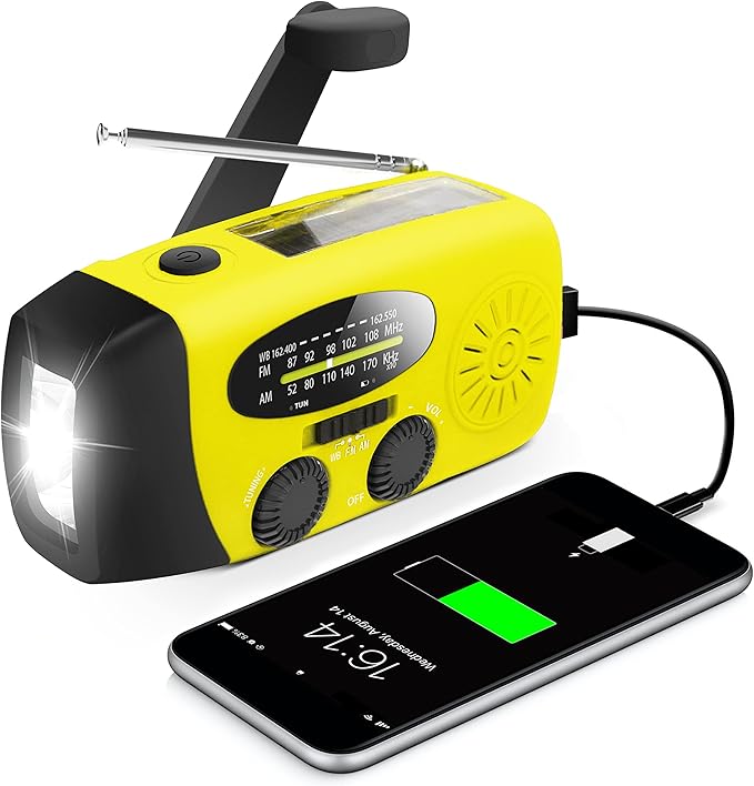 Emergency Wind Up Radio with 2000mAh Power Bank, Crank Solar AM FM