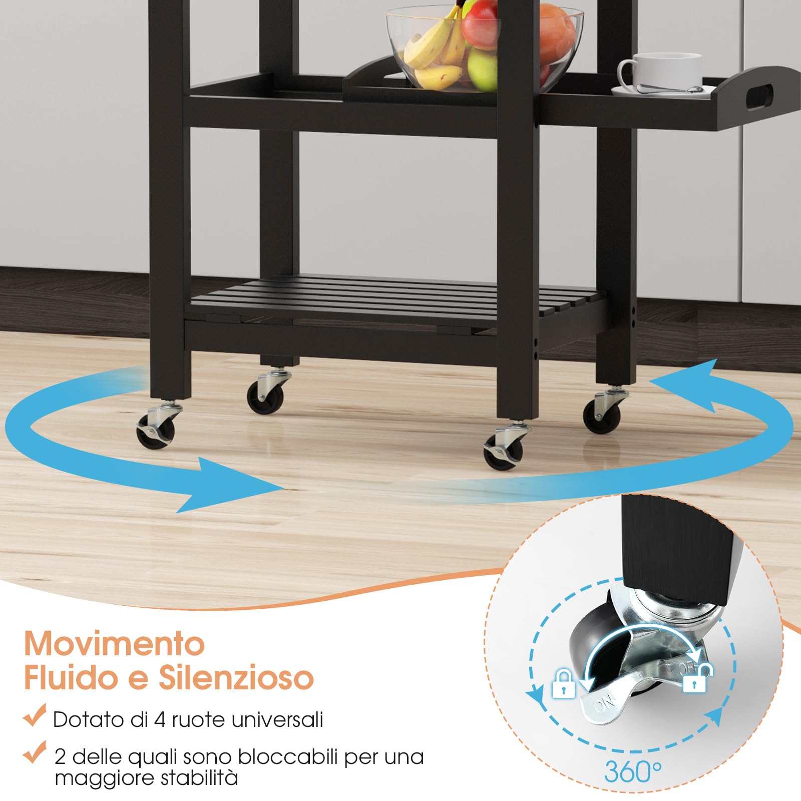 Carrello da Cucina a 4 Livelli, Isola da Cucina con Piano in Acciaio Inox, Cestino in Rete e Vassoio di Servizio Rimovibile, Carrello Bar per Cucina e Sala da Pranzo, 47x39x85 cm (Nero)
