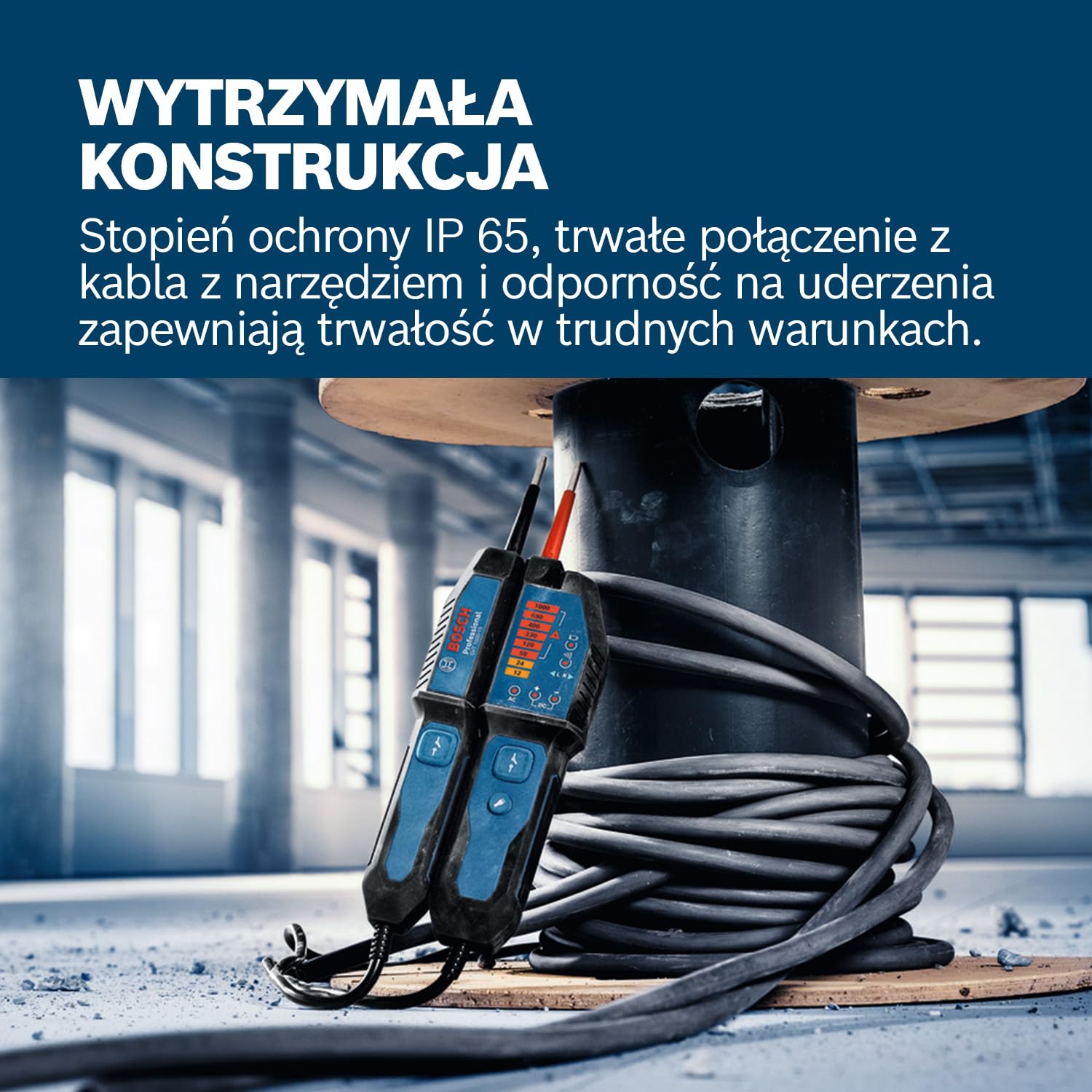Bosch Professional Tester napięcia GVT 1000-15 (pomiarynapięcia do 1000 V AC/DC, wizualna informacja zwrotna LED, brzęczyk, alarmy wibracyjne, przewody o długości 125 cm, 2x1,5 V LR03 (AA))