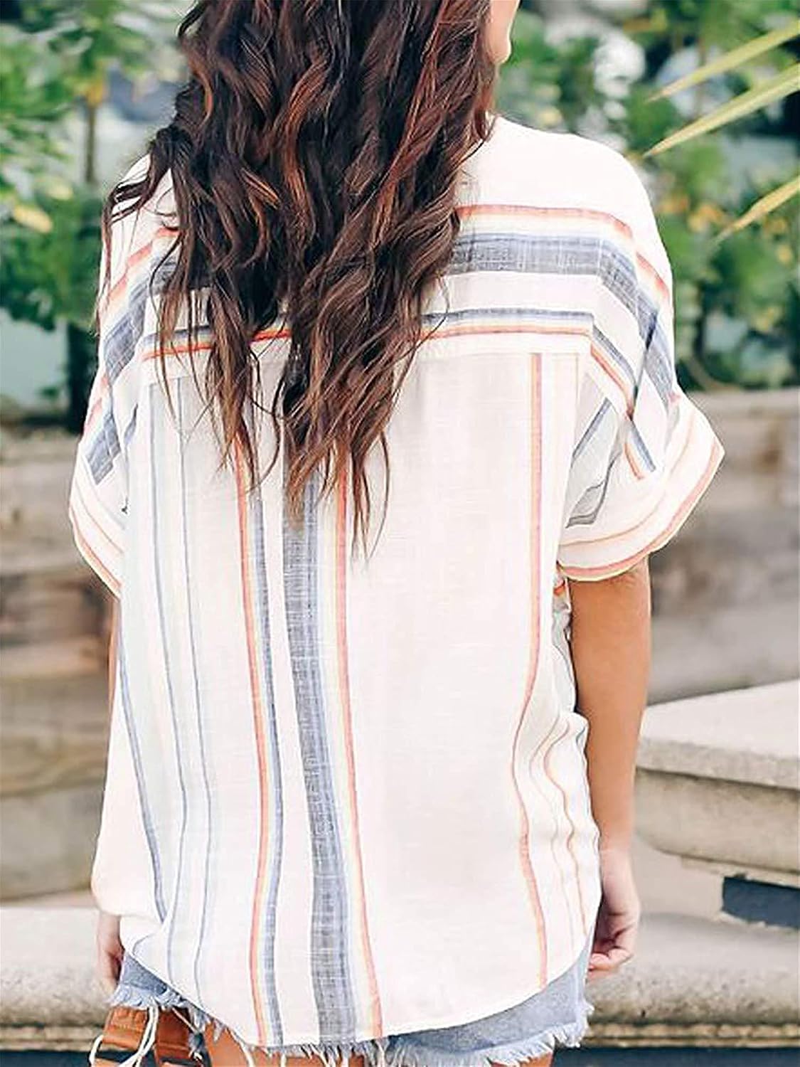 Andongnywell Womens Casual Loose Cardigan Striped Shirts Tops V Neck Striped Short Sleeve Button Tops