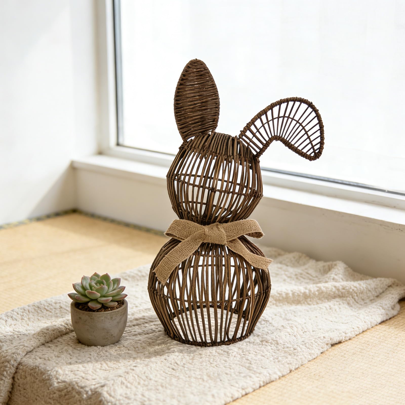 Rattan-Hase mit Schleife, rustikale Osterdekoration, Bauernhaus-Hasen-Osterdekoration, Frühlingshasen-Dekoration für rustikales Bauernhaus, Außenbereich, Haus, Veranda, Eingang, Hof, Rasen (2 Stück)