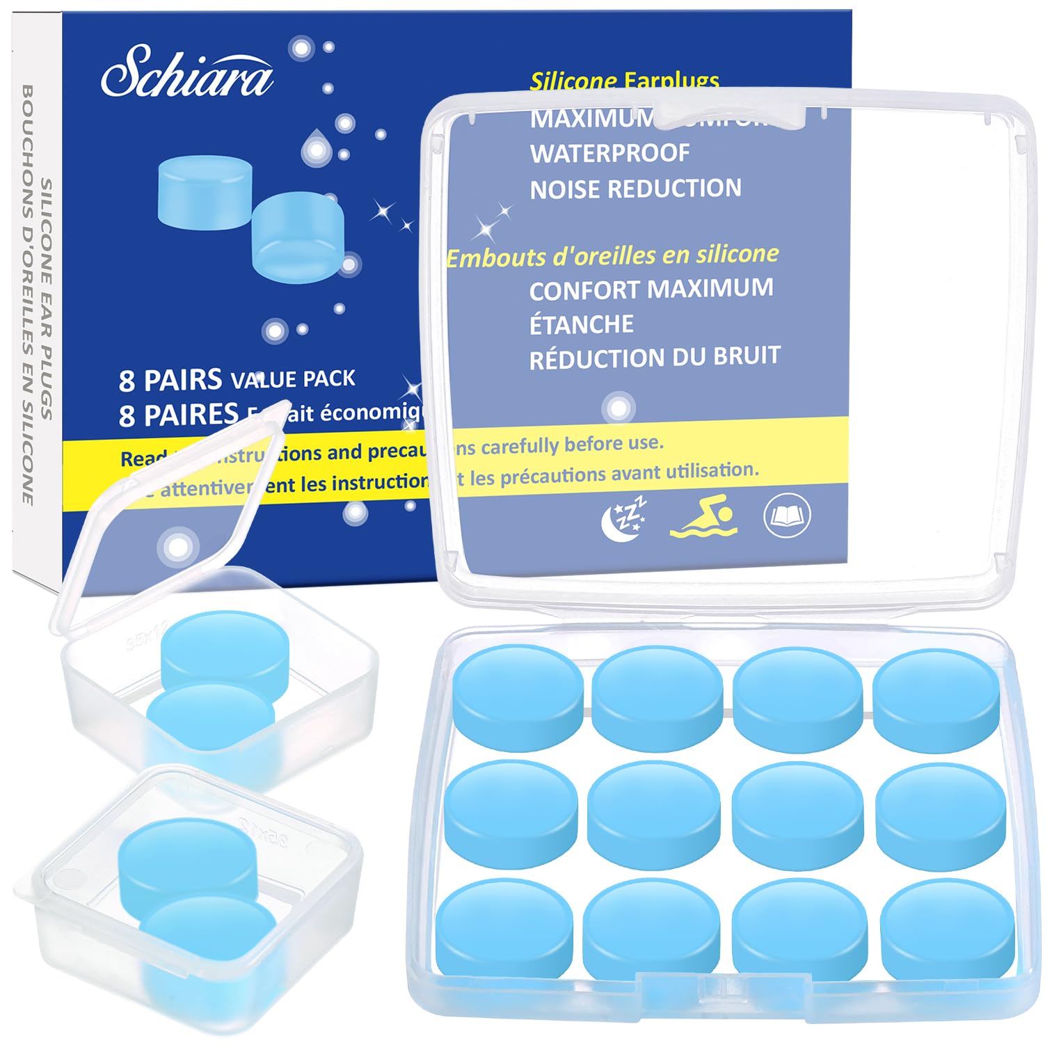 Ear Plugs for Sleeping, 16 Moldable Noise Cancelling Silicone Earplugs for Swimming, Snoring, Sleep and Studying, Blue