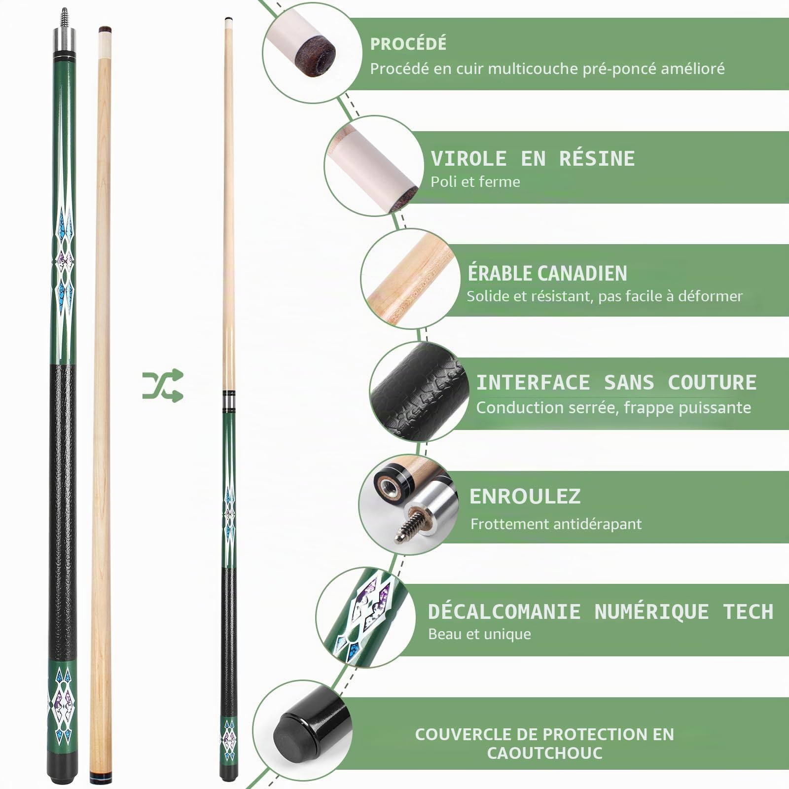 Kmise Queue de Billard Professionnelle en érable Canadien, 147 cm, poignée améliorée, 4 Couleurs optionnelles, livrée avec Craie et Gants