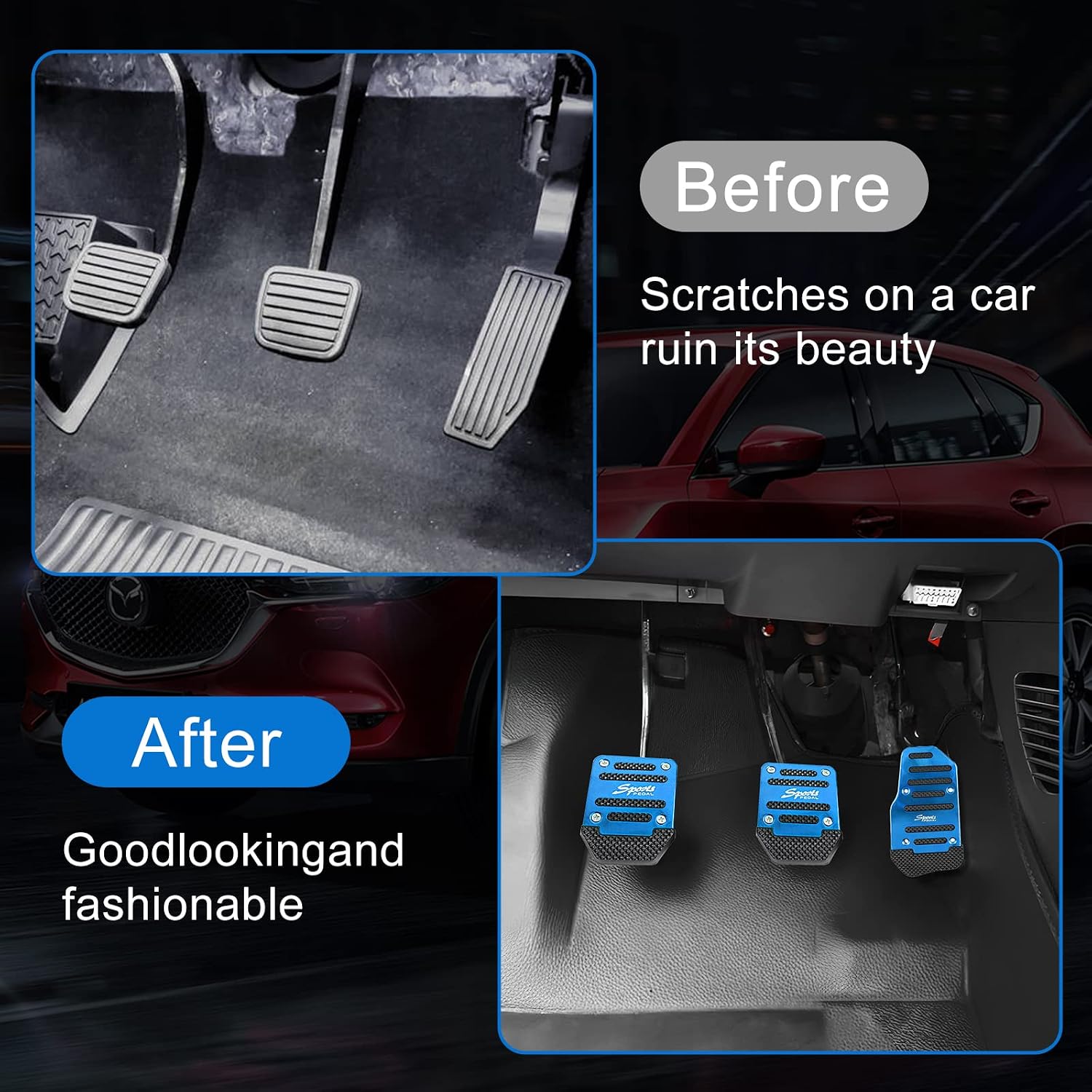 jeseny 3 PCS Car Non-Slip Aluminum Alloy Pedal Pads, Manual/Automatic Gearbox Gas Pedal Brake Pedal Cover, Anti-rubbing Car Clutch Pedal Kits, Auto Universal Replacement Accessories (Blue) image 4