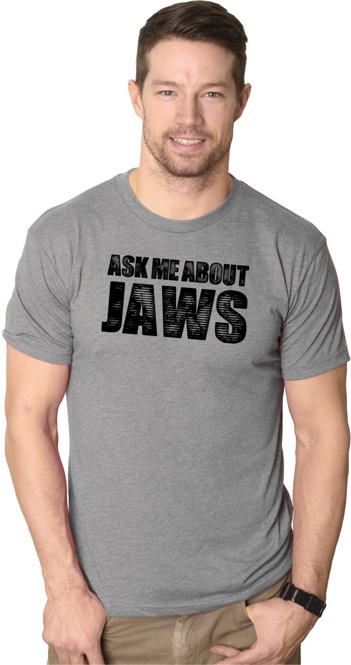 Crazy Dog T-ShirtsMens Ask Me about Jaws Flip Up Tshirt Funny Ocean Shark Movie Tee for Guys