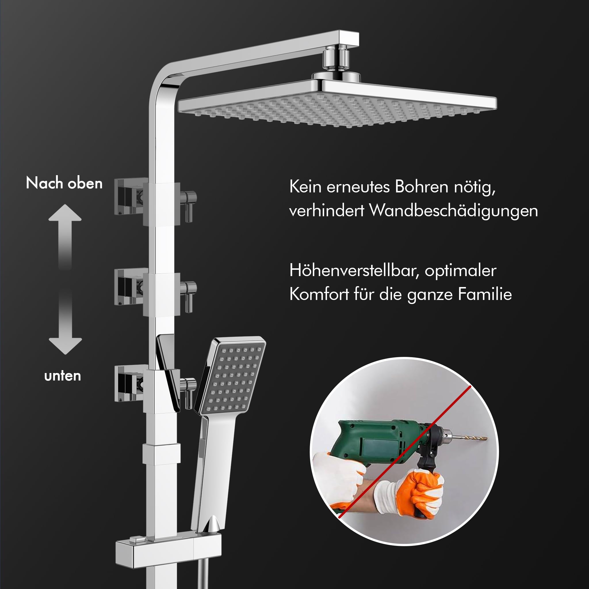HOMELODY Sistema de ducha con termostato cromado, grifo de ducha de acero inoxidable, ducha de lluvia con grifo, juego completo con cabezal de ducha de lluvia, barra de ducha ajustable, juego de ducha