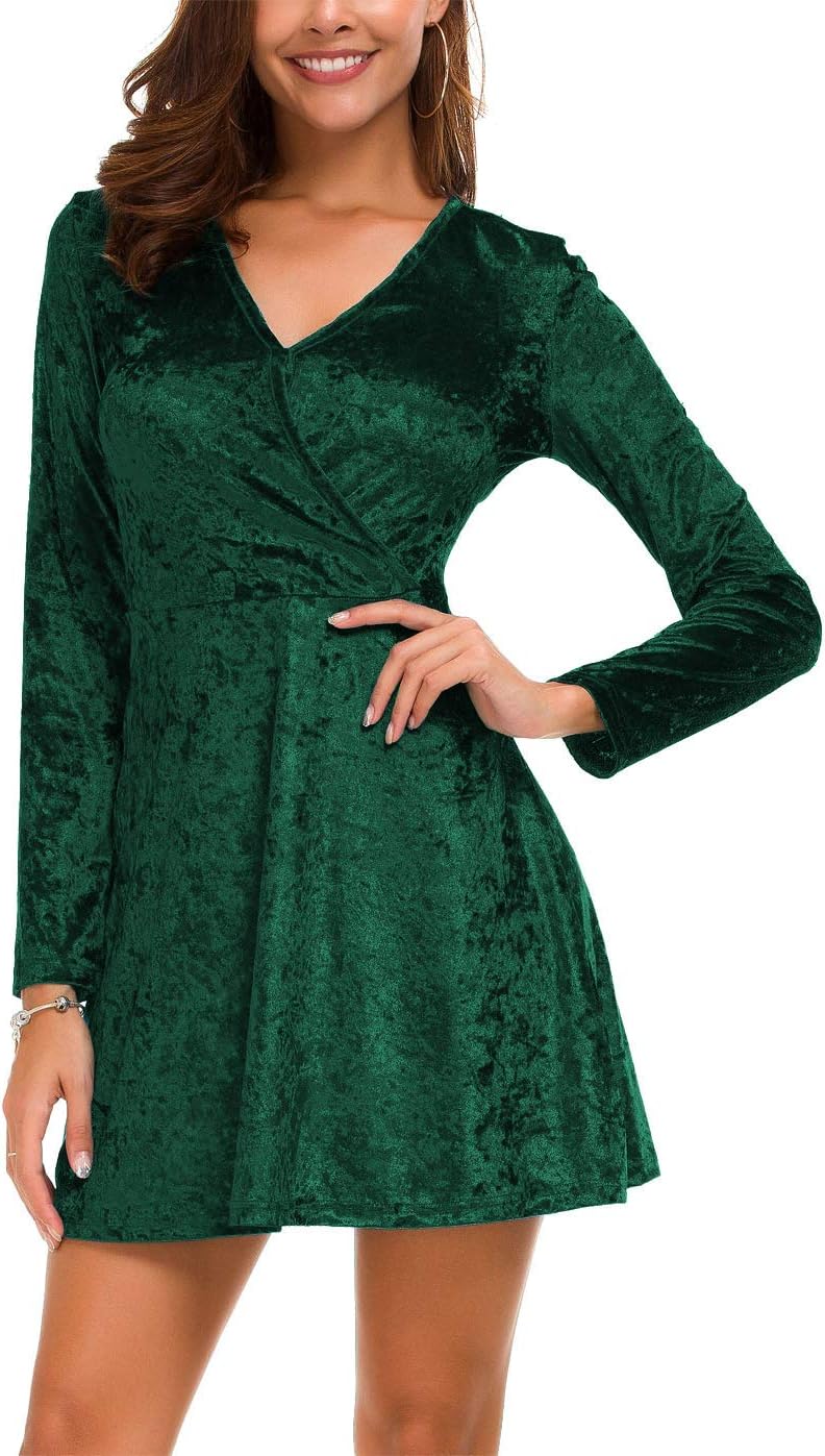DGMYG Women's Elegant Long Sleeve V-Neck Velvet Flared A line Party Mini Dress