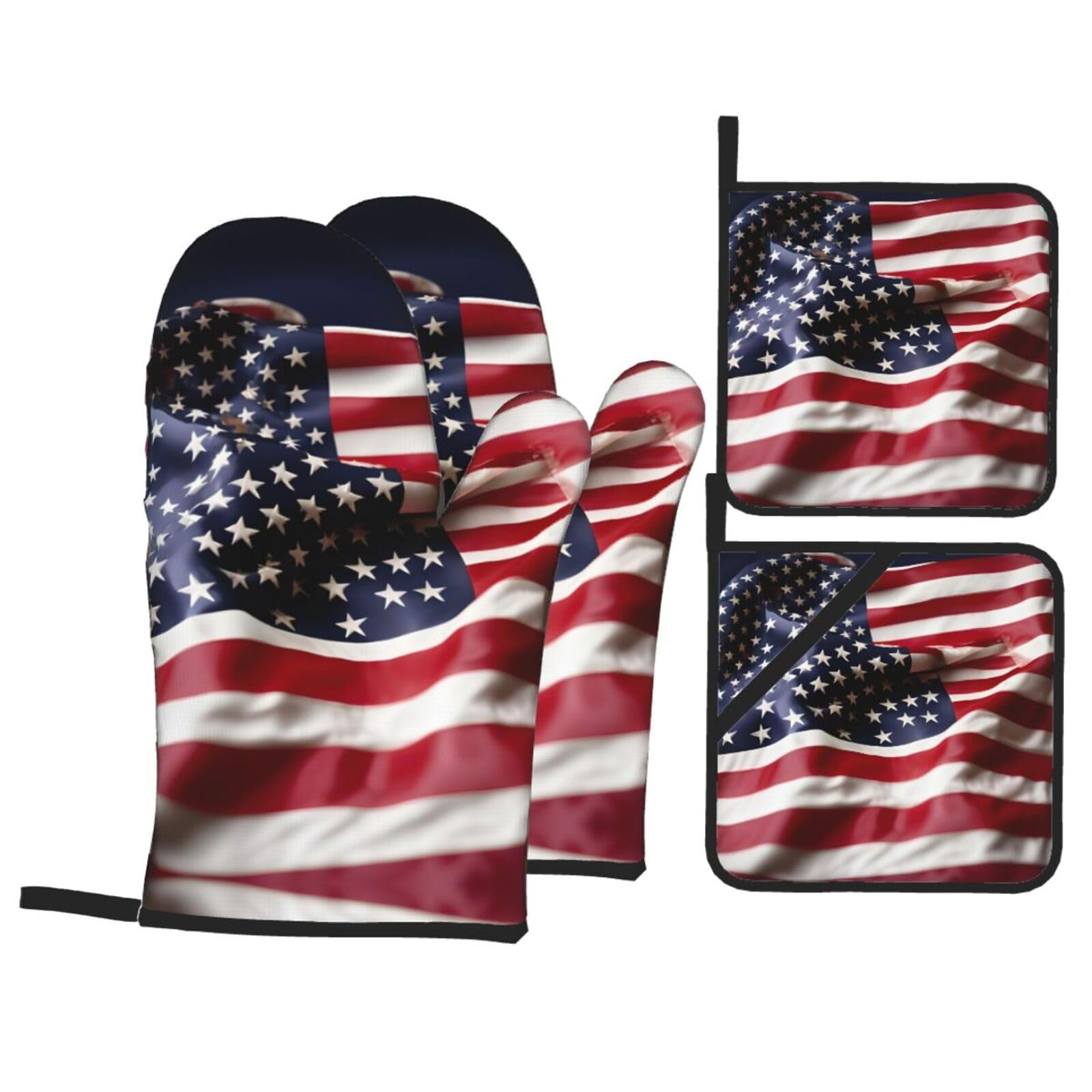 Firefighter American Flag Print Stylish 4-Piece Microwaving Oven Waterproof Kitchen Gloves Baking Holiday Cooking