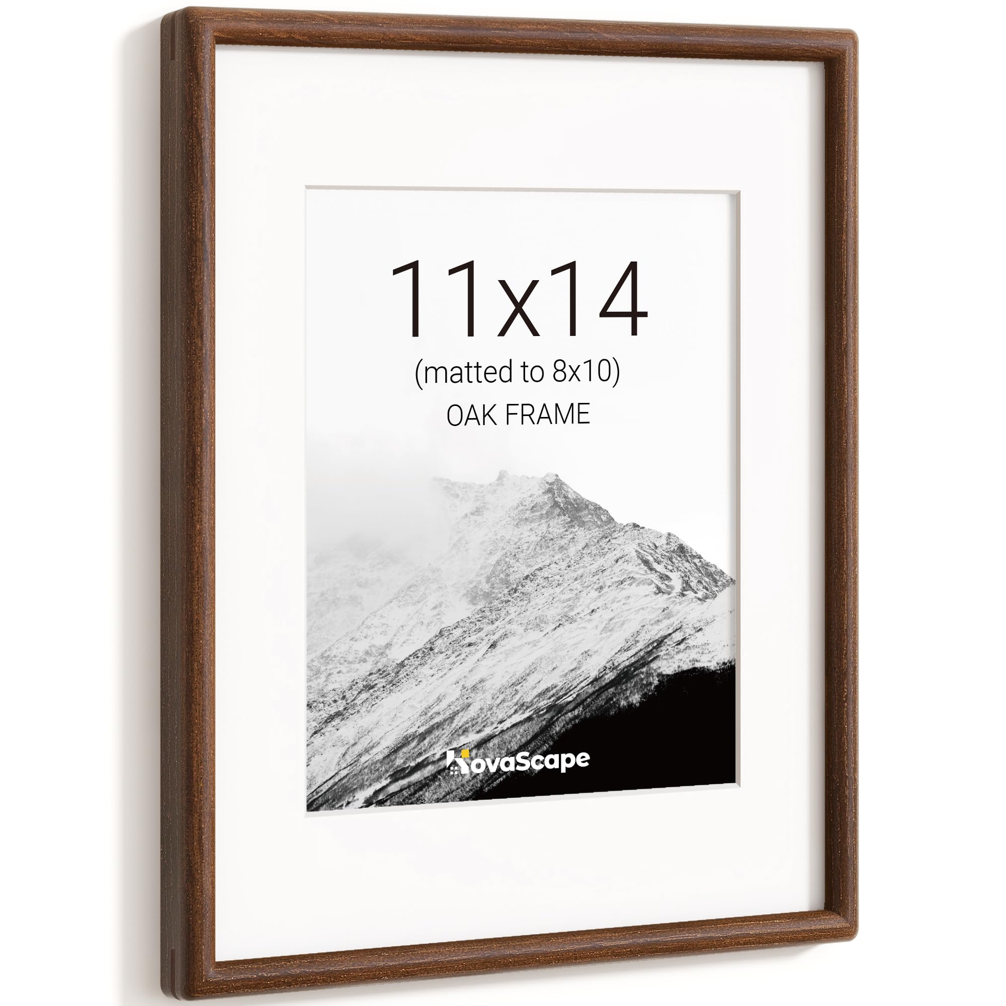 KovaScape 11x14 Picture Frame, Solid Oak Wood Photo Frame with Tempered Real Glass, Includes White Mount for 8x10 Photo, Rounded Corner Design, For Wall Hanging — image 1