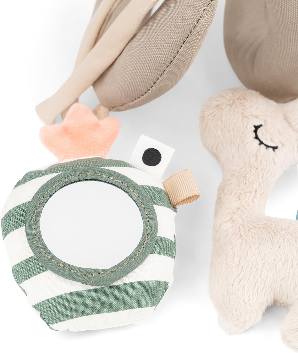 Done by Deer Car Seat Toys Hanging - Activity Spiral – Sensory Baby Toy with Mirror with Sound & Crinkle Sounds - Attachable to Cot, Carseat & Stroller - Soft & Baby-Friendly Materials