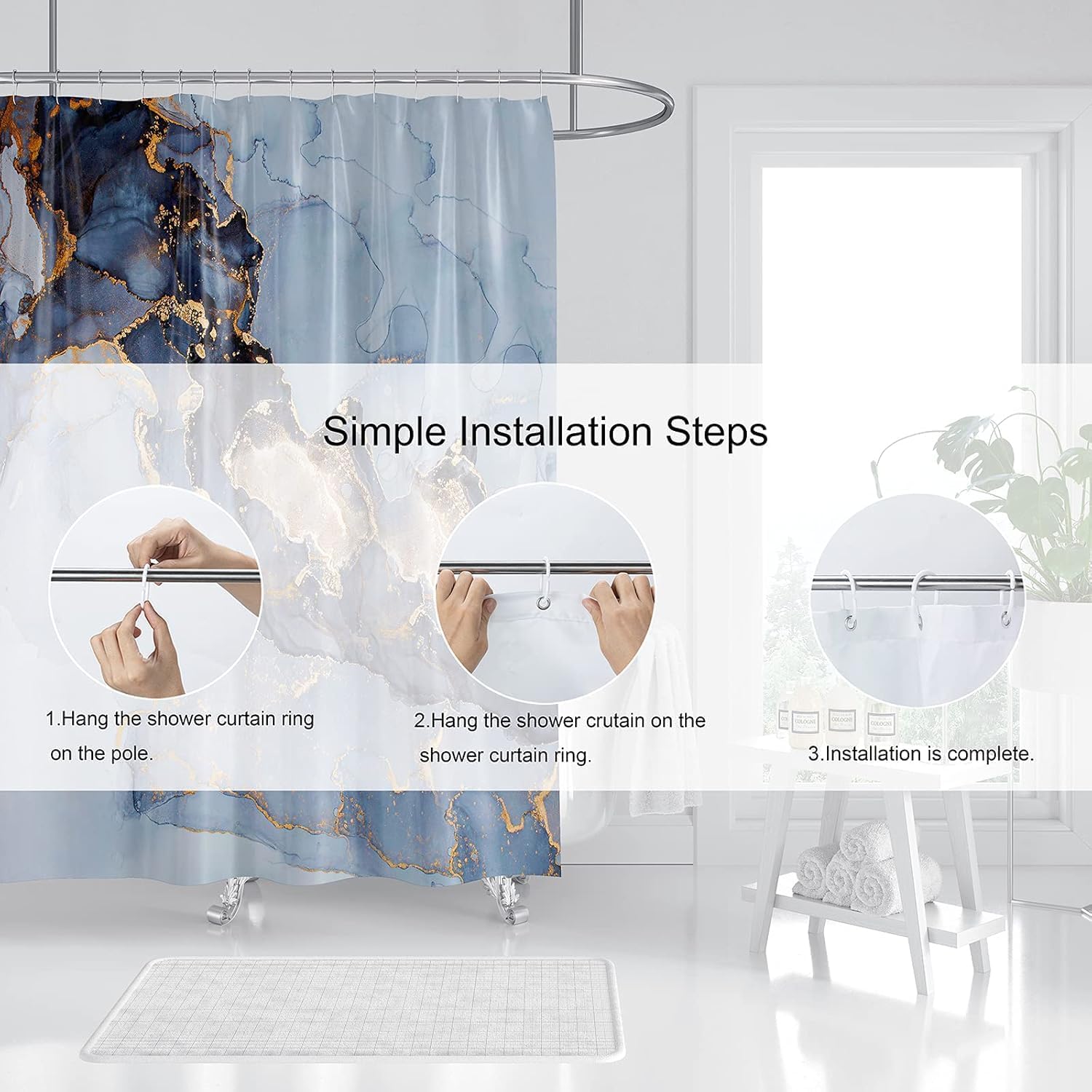 Domoku Marble Fabric Shower Curtain for Bathroom Decor, Modern, Luxury Standard,Waterproof, Washable,72 X 84, Blue,Sky Blue Gold