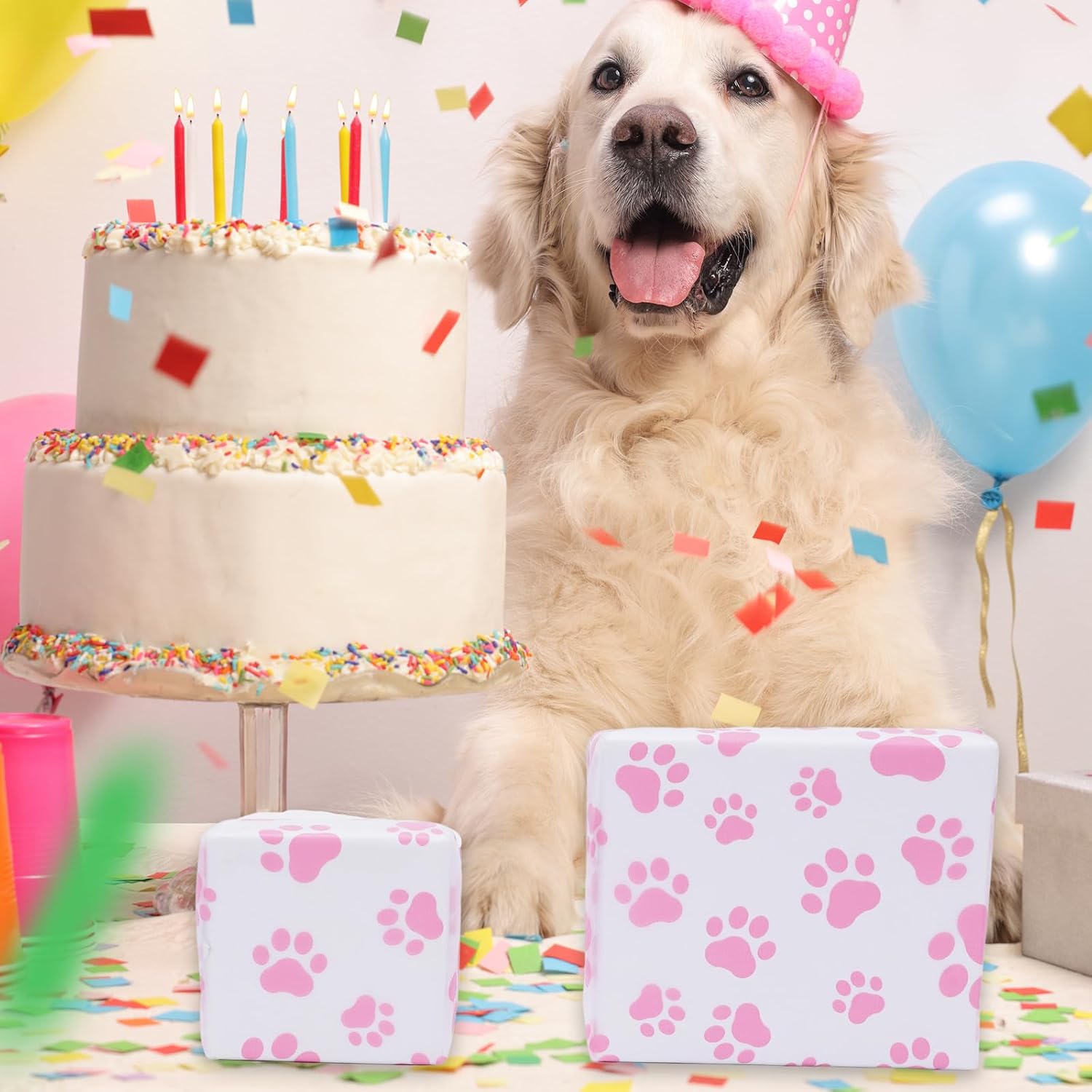 Whaline 100Pcs Pet Paw Print Tissue Paper Pink White Gift Wrapping Paper Dog Paw DIY Art Craft Papers for Farmhouse Home Birthday Pet Treat Party Gift Decor, 14 x 20 Inch