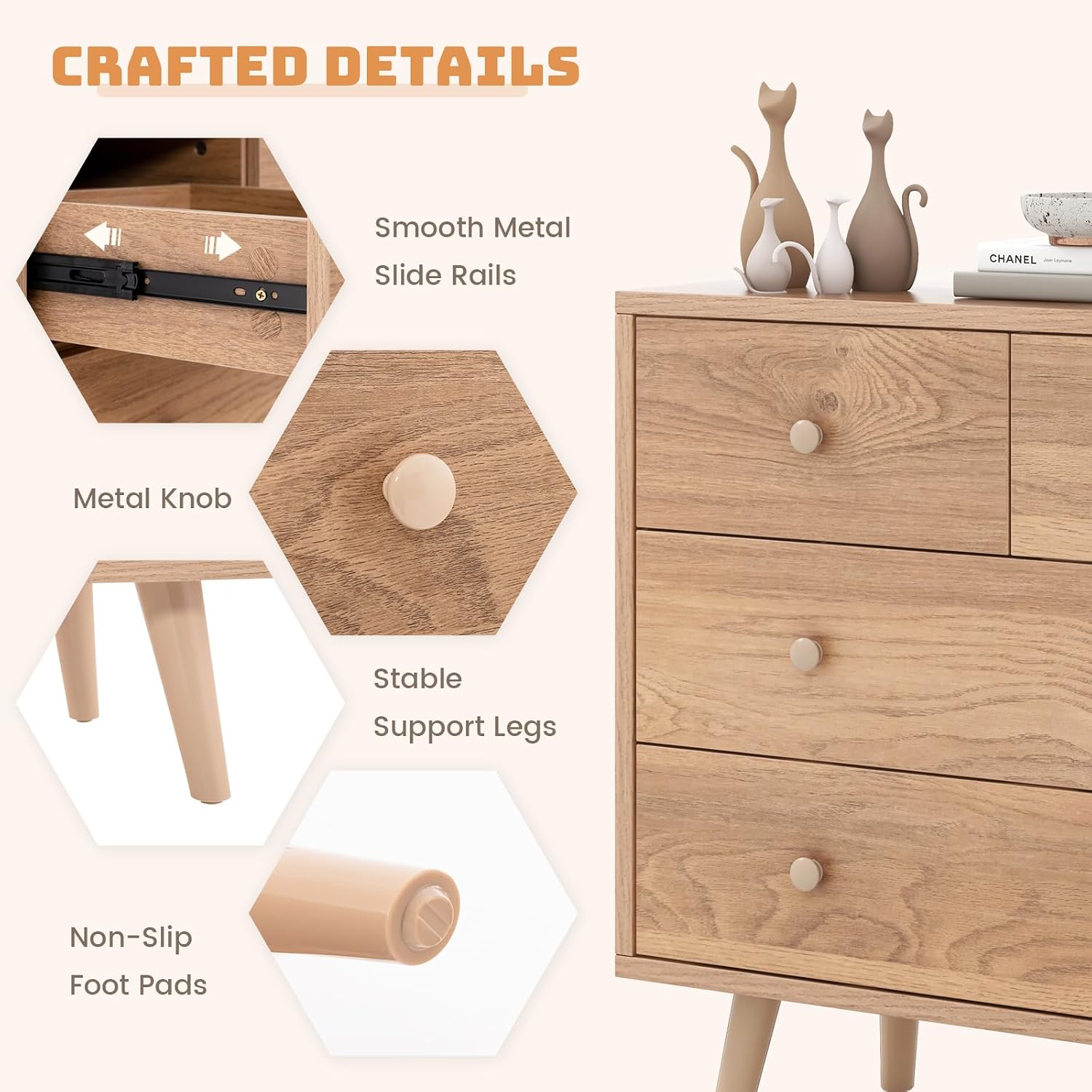 LOKO 4-Drawer Storage Cabinet, Modern Chest Cabinet with Anti-Tipping Device, Convenient Handles, End Table, Wooden Floor Cabinet, for Living Room, Hallway, Entryway (Natural)