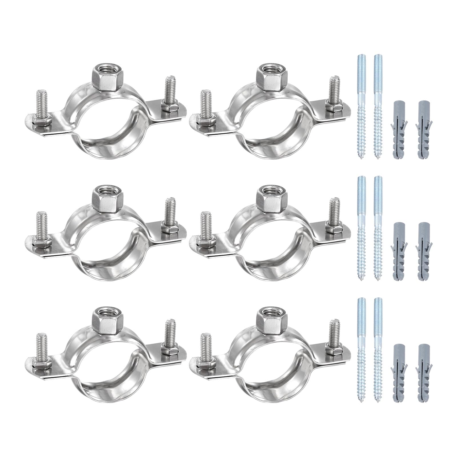 sourcing map 6 Set Adjustable Pipe Bracket Clamps 1-1/4" (32mm) Stainless Steel Wall Ceiling Mount Split Ring Hanger Metal Pipe Supports Clamp with Screws & Expansion Tube for Pipe Tube (M8)