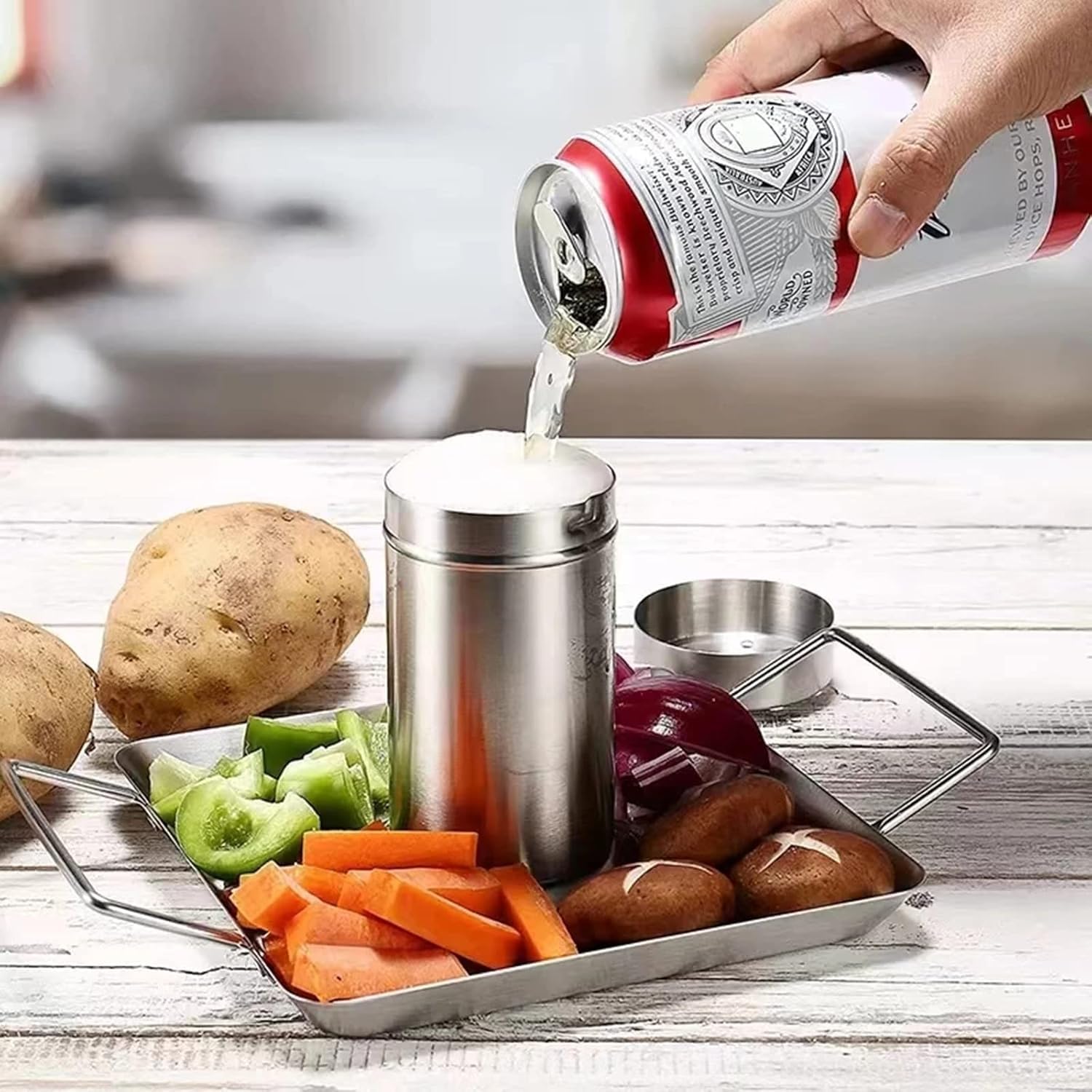 Bierdosen-hähnchenhalter Mit Pfannen, Vertikaler Hähnchenbräter-Gestell Aus Edelstahl