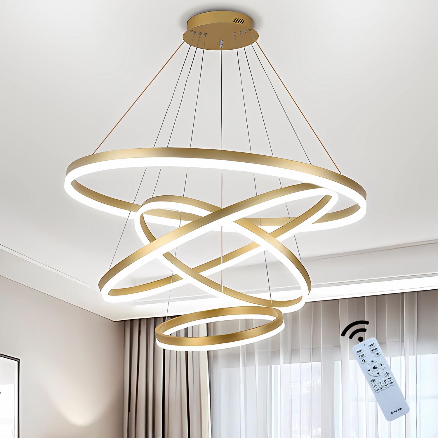 J.SUNUN Led Ceiling Lighting Modern 4 Rings Pendant Light 108W 5400LM Dimmable with Remote Control 3 Color Round Metal LED Chandelier for Living Room Bedrooms Dining Room Office Golden 20+40+60+80CM