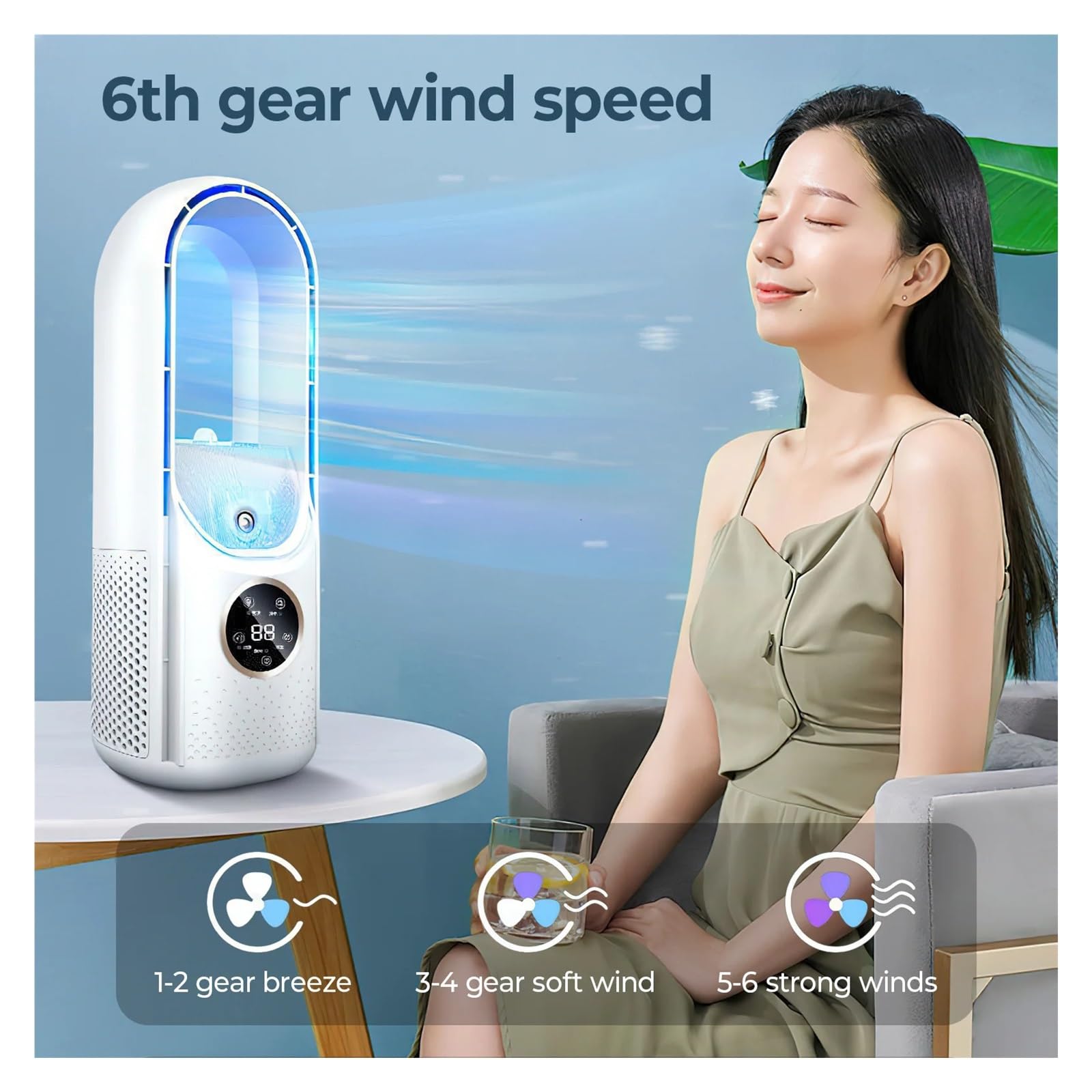 Ventilador de torre sin aspas con humidificador, silencioso aire acondicionado USB de 6 velocidades para el hogar y la oficina, solución de refrigeración de bajo consumo