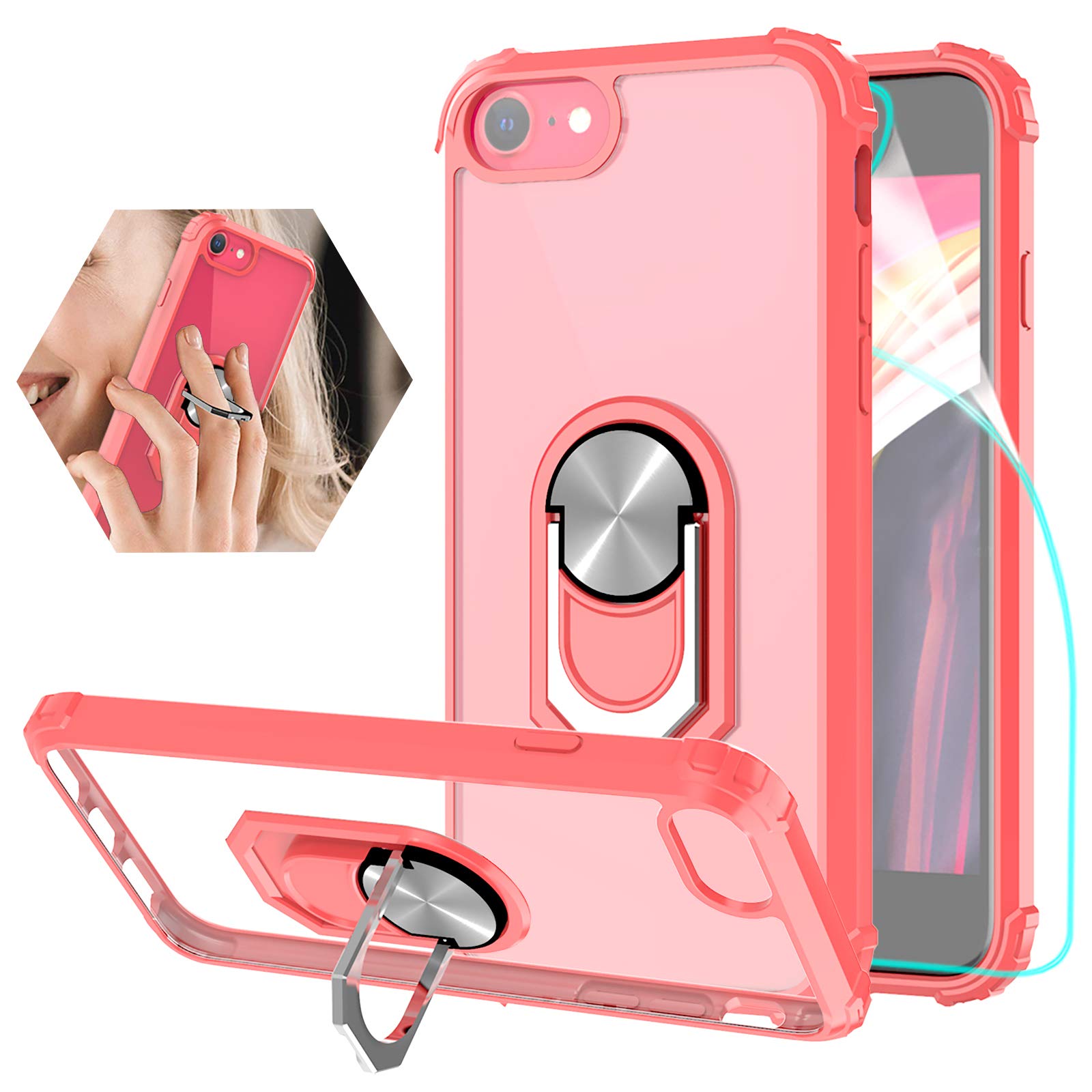 ZingCon Compatible for iPhone SE 2020 Phone Case,6/7/8 Case,[HD Screen Protector] Clear Back & Colored Edge Shockproof Protective Cover Strengthen Corner Rotating Kickstand Fit Magnetic Car Mount-Red