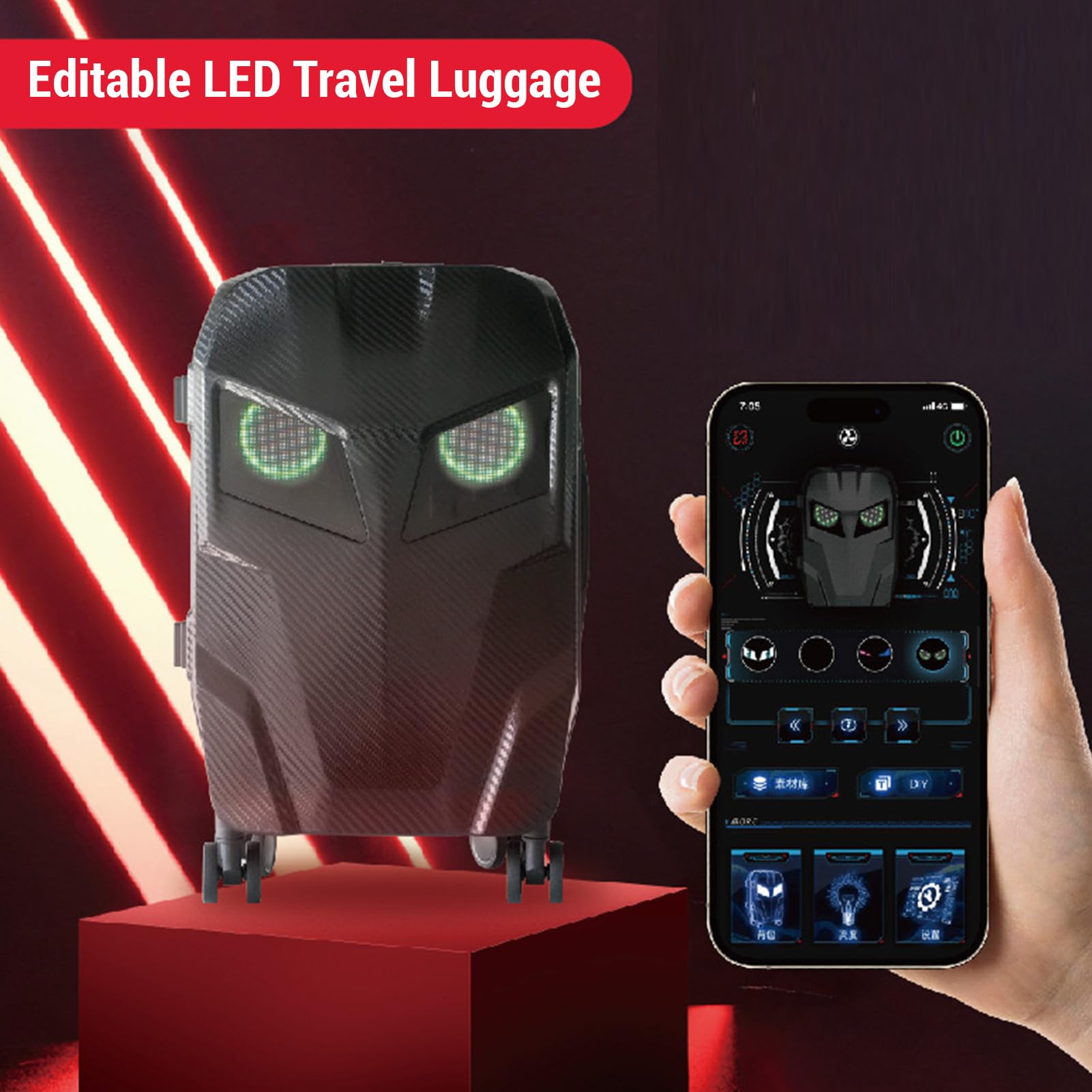 20-calowy bagaż LED, 48x48 Kolorowa Dioda LED Kontrola Aplikacji Edytowalny bagaż LED, Walizka na Kółkach świecące Oczy, Zasilany Przez USB, Odporny na Uderzenia, 22,4x14,6x8,7
