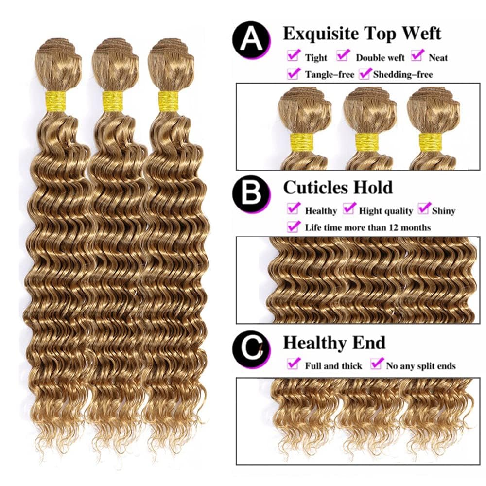 Color #27 Bundle Honey Blonde Deep Wave Human Hair Peruvian Virgin Color #27 Pineapple Deep Wave Bundles Human Hair Virgin Remy Hair Double Weft Hair Extensions 18 20 22 Inch