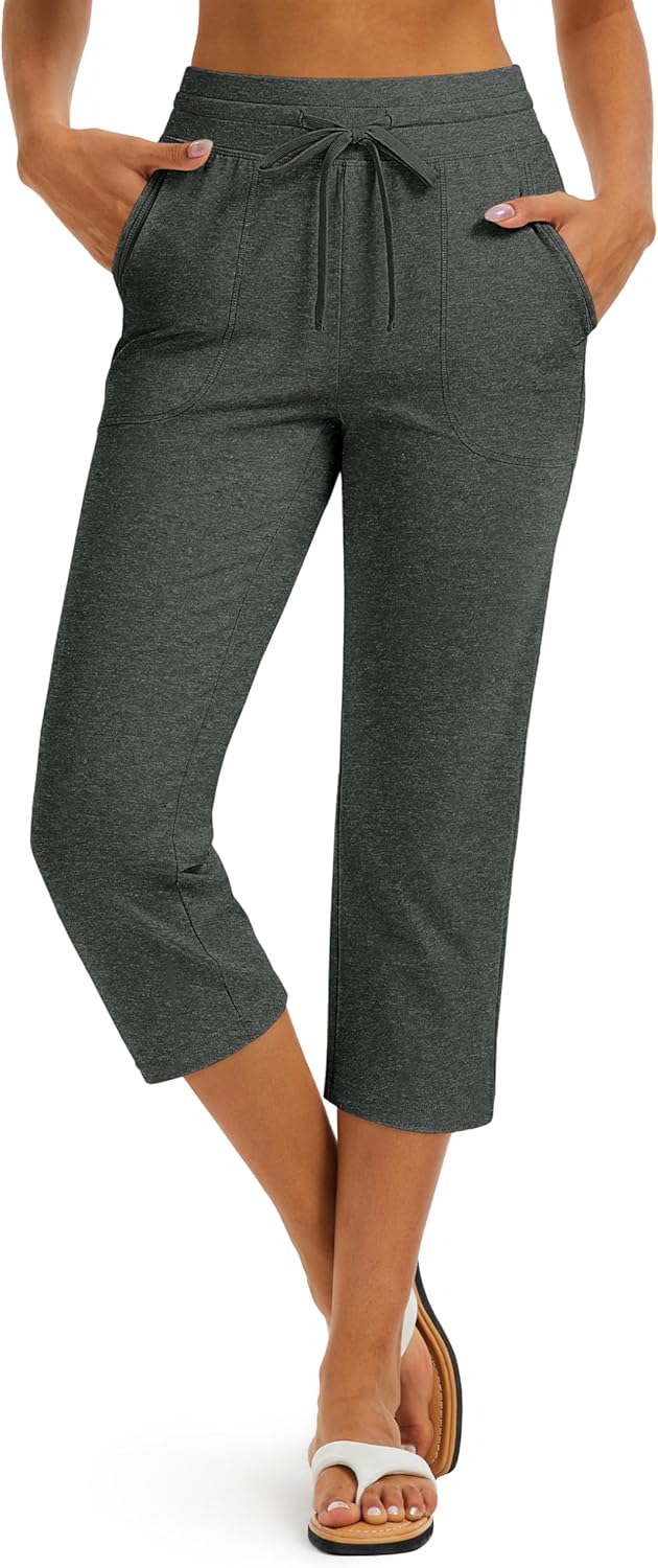 MAGCOMSEN Cotton Capri Pants for Women Yoga Capris with Pockets High Waist Straight Leg Casual Workout Summer Sweatpants