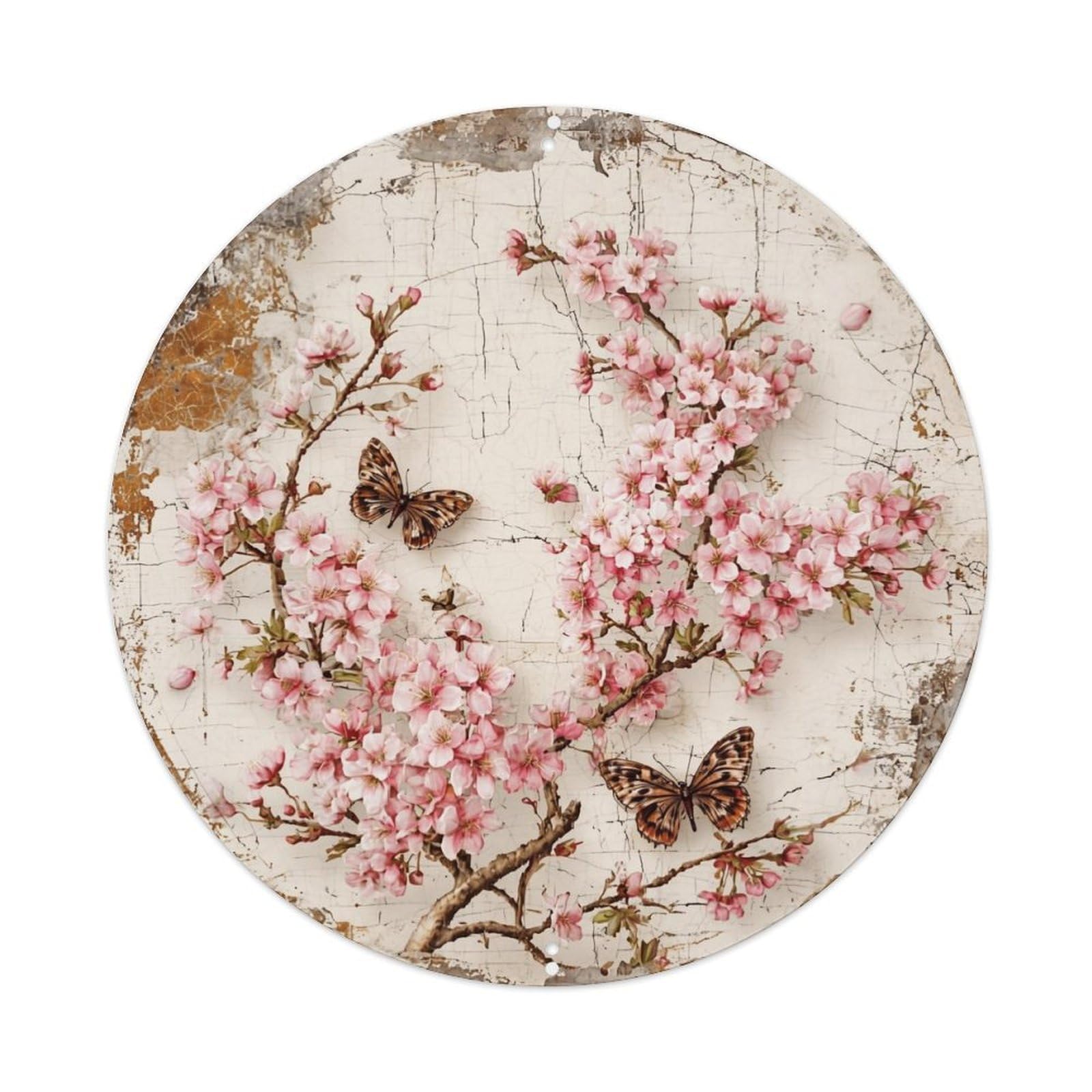 Cherry Blossom Butterflies Vintage Art Round Metal Tin Sign Vintage Wall Decor, Bar Garage Cafe Kitchen Home Wall Art Poster 8x8inches