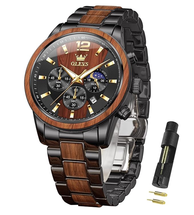 Black Stainless Steel Chain Luxury Moon Phase Date Waterproof Branded Formal Men's Wrist Watch