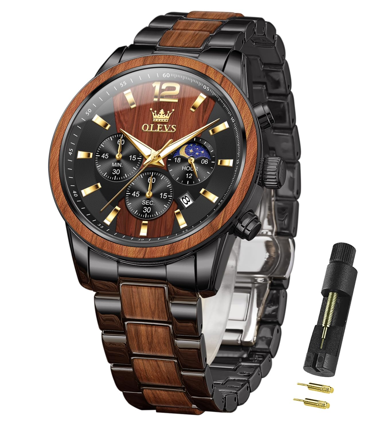 Chronograph Watches for Men Original Analog Quartz Black Stainless Steel Chain Luxury Moon Phase Date Waterproof Branded Formal Men's Wrist Watch-image-25