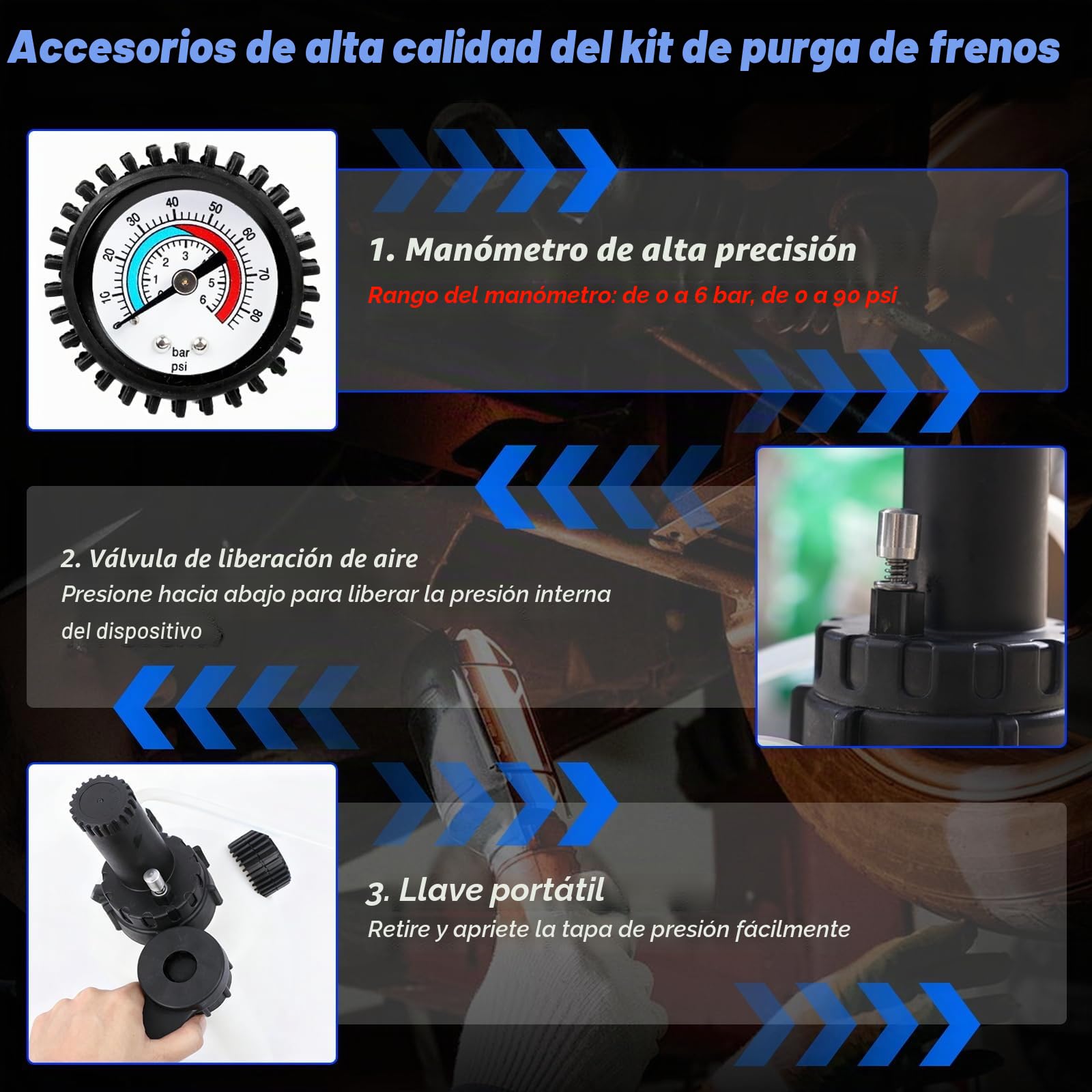 Purgador Frenos Coche 3L Kit Purga Frenos Manual Compatible con Coches Europeos/Japoneses/Koreanos, 5 adaptadores E20 + Recipiente 1L, fácil de Usar para Sistema ABS