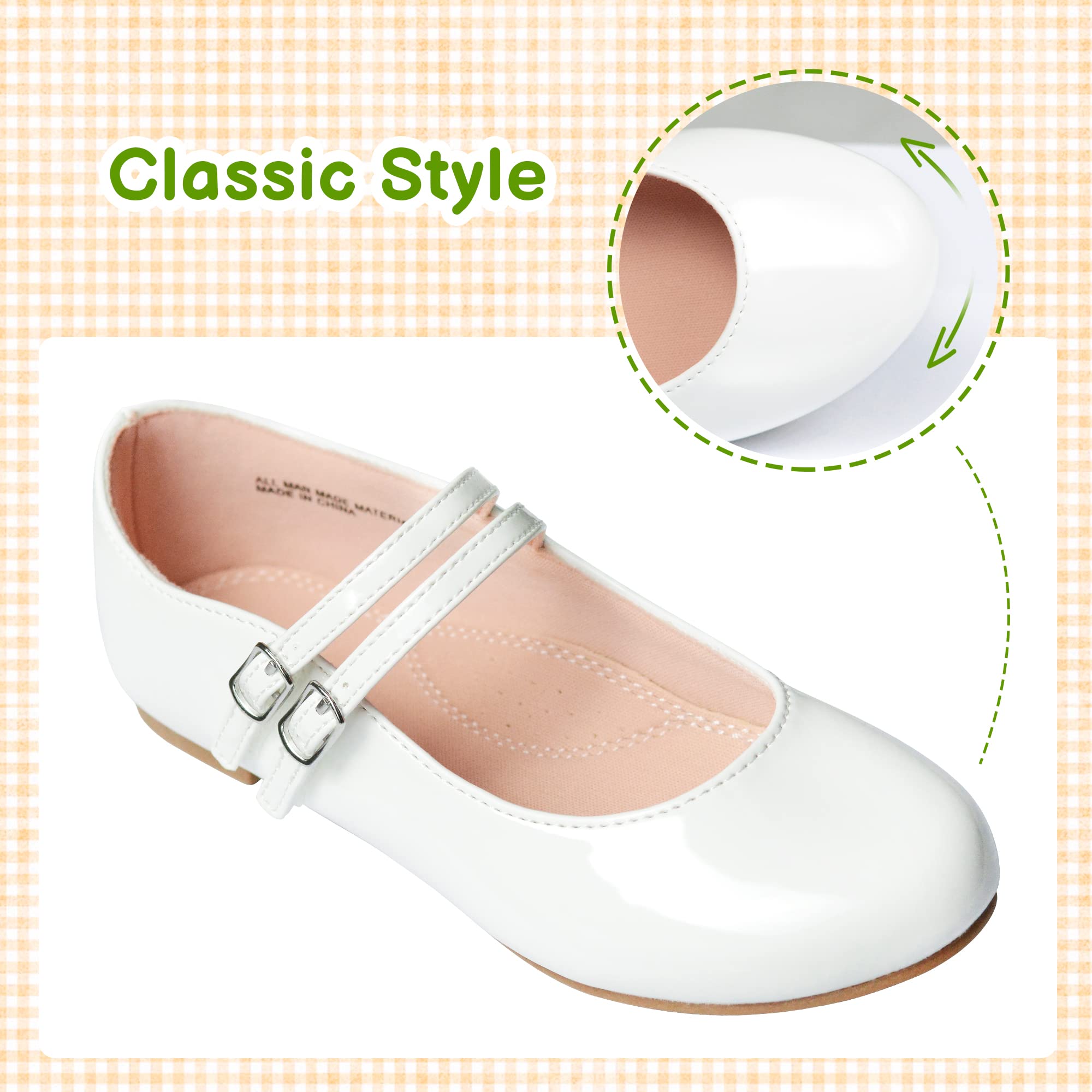 LseLom Girls Dress Shoes White Flats Mary Jane Princess Double Strap Hook and Loop Dance Flat Shoes for Big Girls White US 3