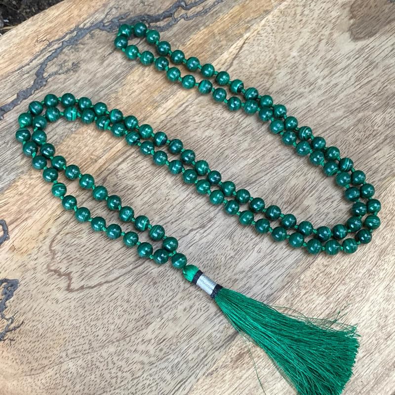 Natürliche AAA-grüne Malachit-Japa-Mala-Halskette, Gebets-Mala-Perlen, 108 Kyanit-Edelstein-Mala, buddhistische Mala, handgeknüpfte 8 mm Mala