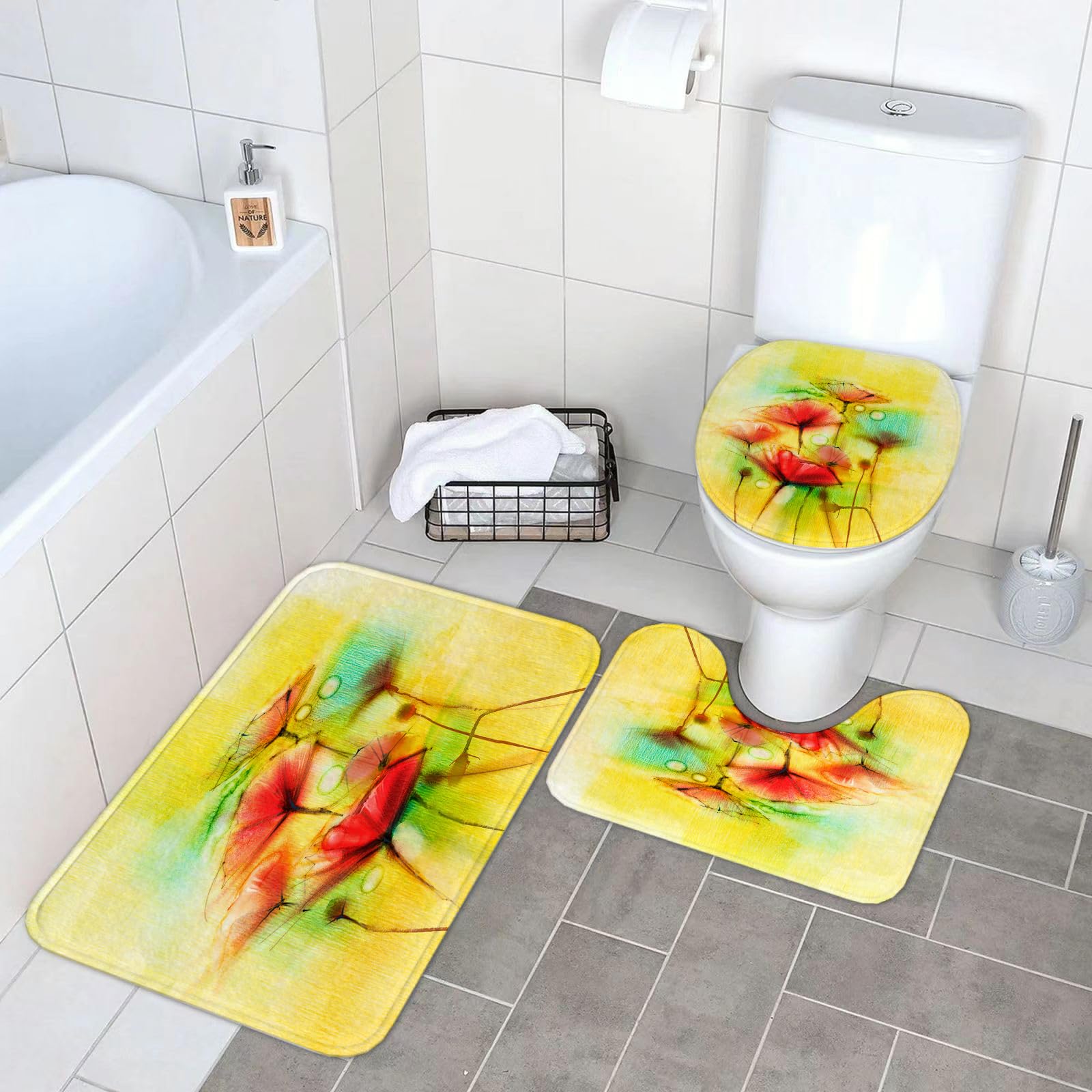 Set di 3 tappetini da Bagno, Lavabili in Lavatrice e Antiscivolo, tappetini in Morbida Fibra Superfine, Motivo Floreale ad Acquerello, Papaveri in tonalità Primaverili, Immagine mo