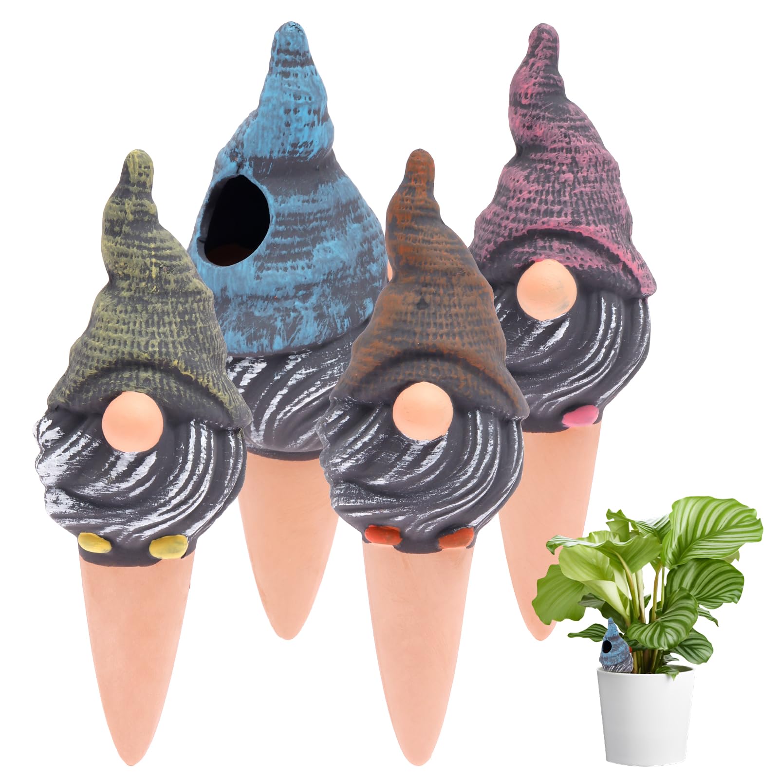 shaojian 4 Pack Garden Gnome Self Watering Plant Spikes, Terracotta Automatic Slow Release Plant Watering Globes for Indoor Outdoor Potted House Plants, for Gardener