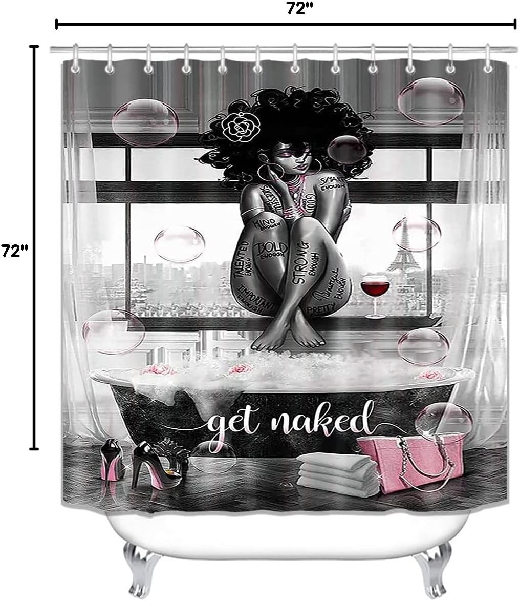 4PCS Sexy Black Girl Shower Curtain Set, Romantic Pink Floral High Heels Bubble Red Wine Afro Lady African American Woman Inspirational Quotes Bathroom Decor, Non-Slip Bath Rugs, Get Naked