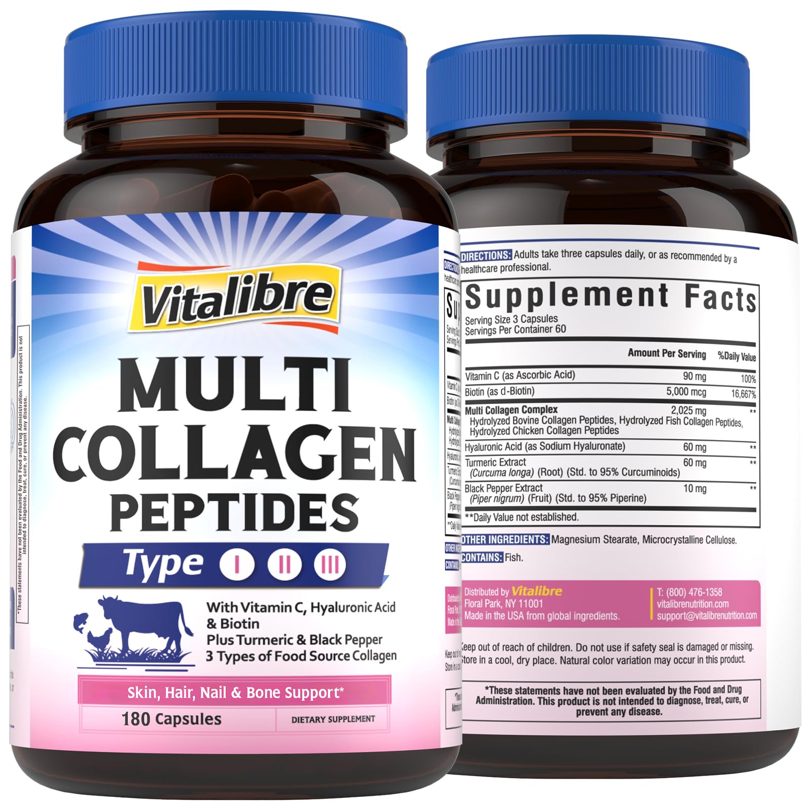 Vitalibre Multi Collagen Peptides, Hydrolyzed, Type I, II, III, Vitamin C, Biotin, Hyaluronic Acid, Turmeric & Black Pepper, Skin, Hair, Nail & Mobility Support, Non-GMO, 180 Caps 180 Count (Pack of 1)