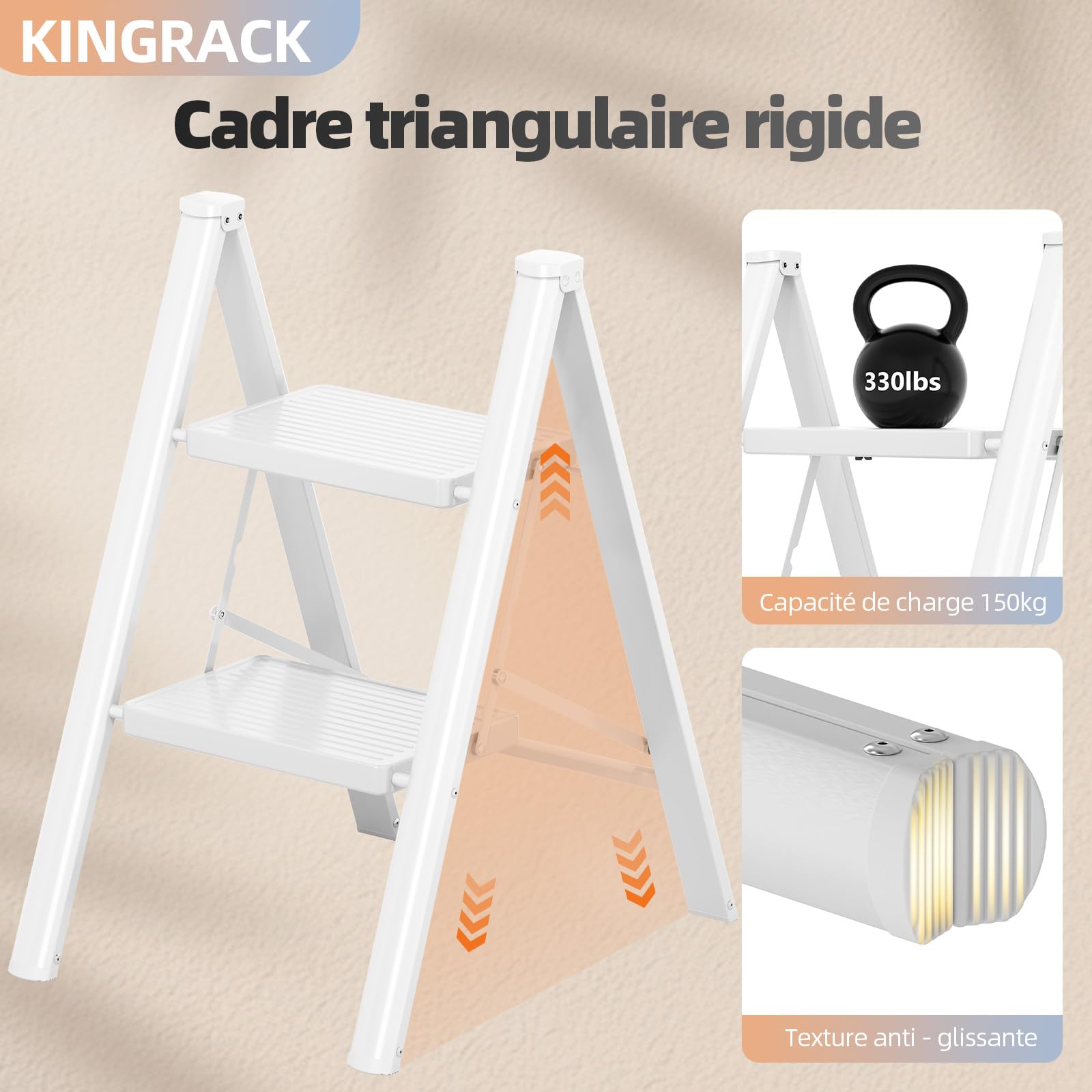 KINGRACK échelle Pliante 2 marches sans Rampe, 150 kg Blanc
